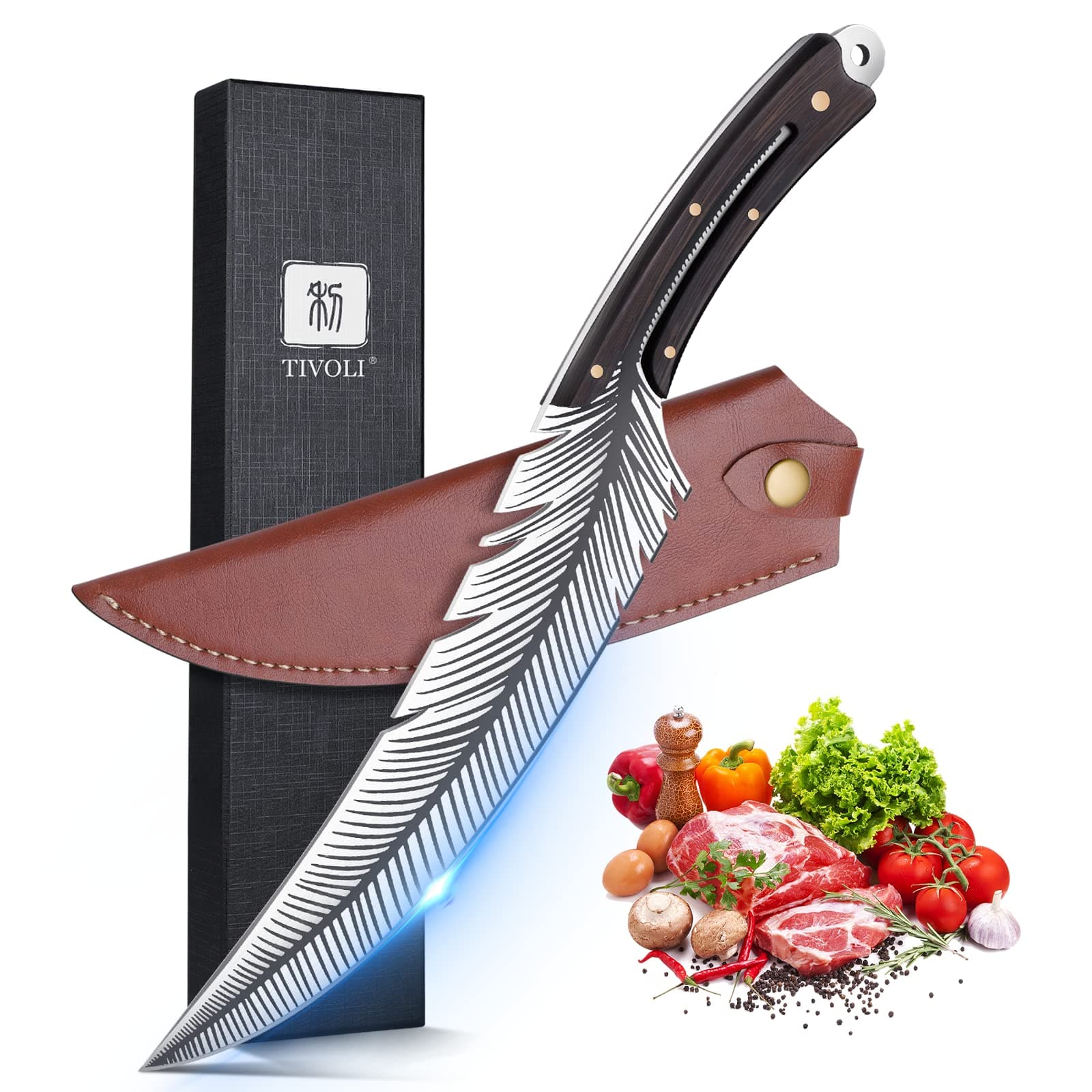 TIVOLI Feather Knife, 8.26-Inch Carving Boning knife with Sheath Hand Forged Full Tang Knife High Carbon Steel Kitchen Cooking Fillet Knife Viking Brisket Knife for Outdoor Camping BBQ