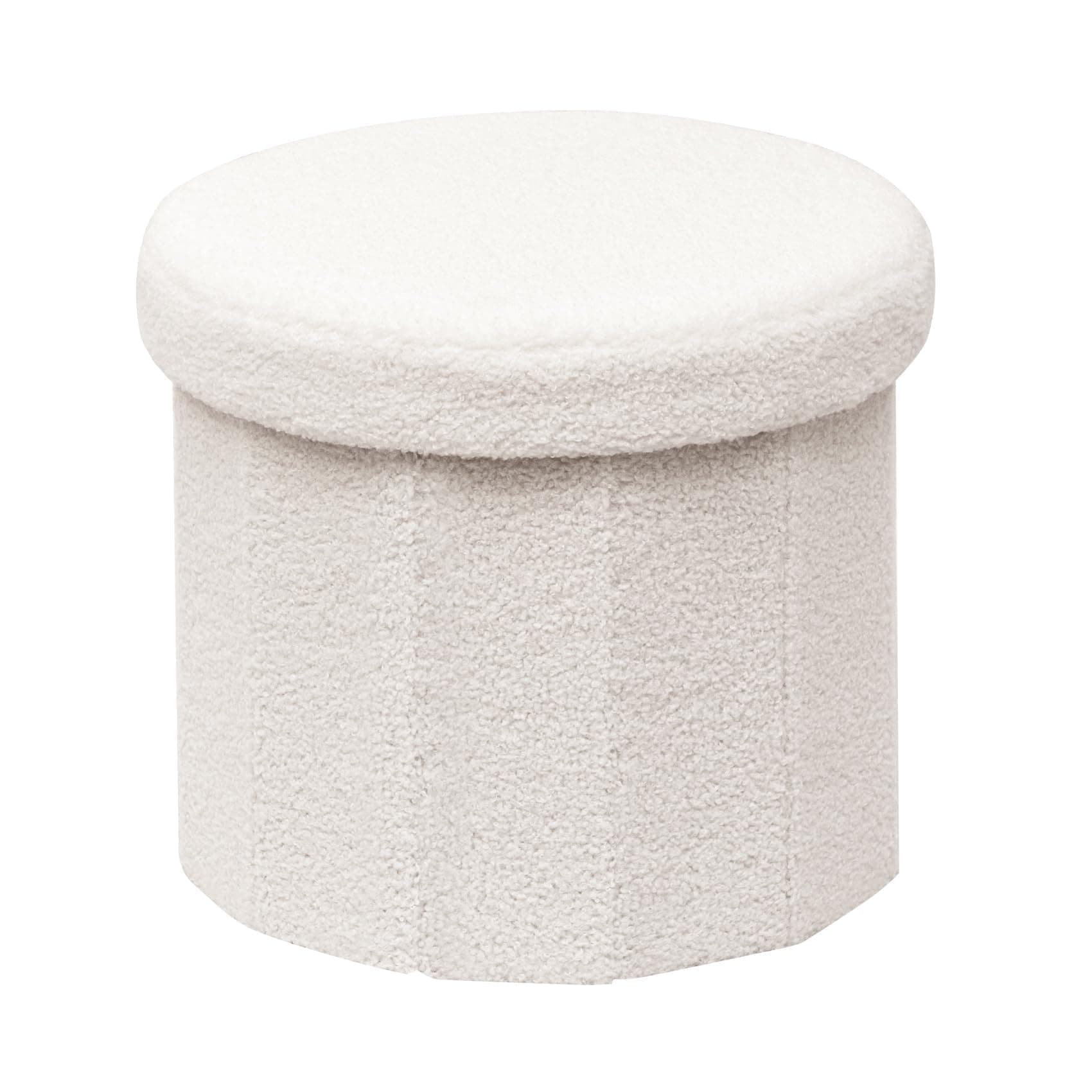 Bonlife White Boucle Ottoman with Storage,Foldable Footstool for living room,Toy Chest,Storage Seat Teddy Round Shape Footrest,38X38X33.5cm
