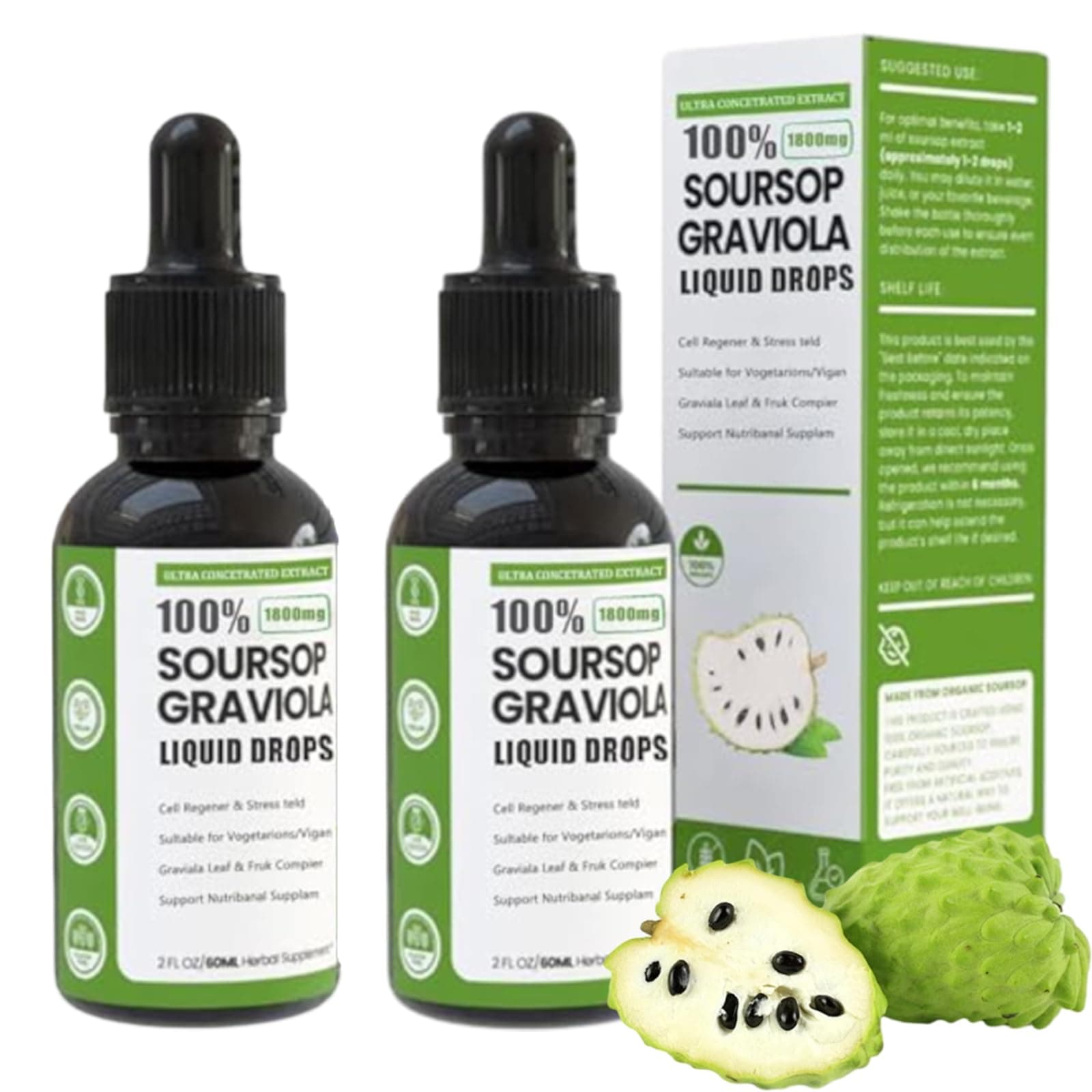 Soursop Bitters Liquid,100% Pure Organic Soursop Graviola Liquid Drops with Vitamin C | Immune Boost & Relax, Liver and Sleep, Sugar, Vegan, Non-GMO, Natural Flavor, 2 Fl Oz, 60 ml