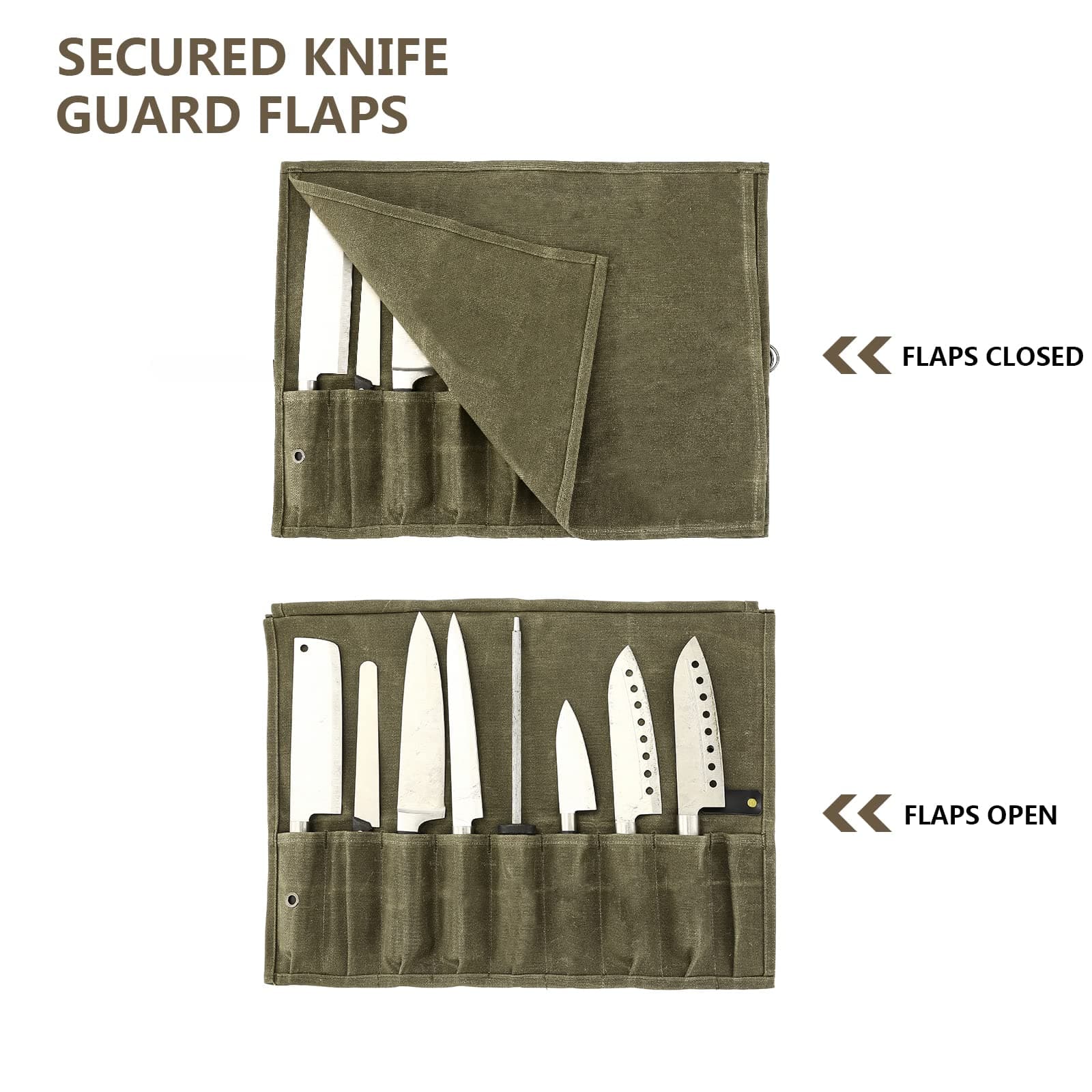 Chef Knife Roll Bag, 9 Pockets Canvas Knife Case, Knife Bag, Knife Wrap Wallet, Cutlery Knife Pouch Holders Protectors for Chef Knives Kitchen Utensils, Tool Roll (Army Green)