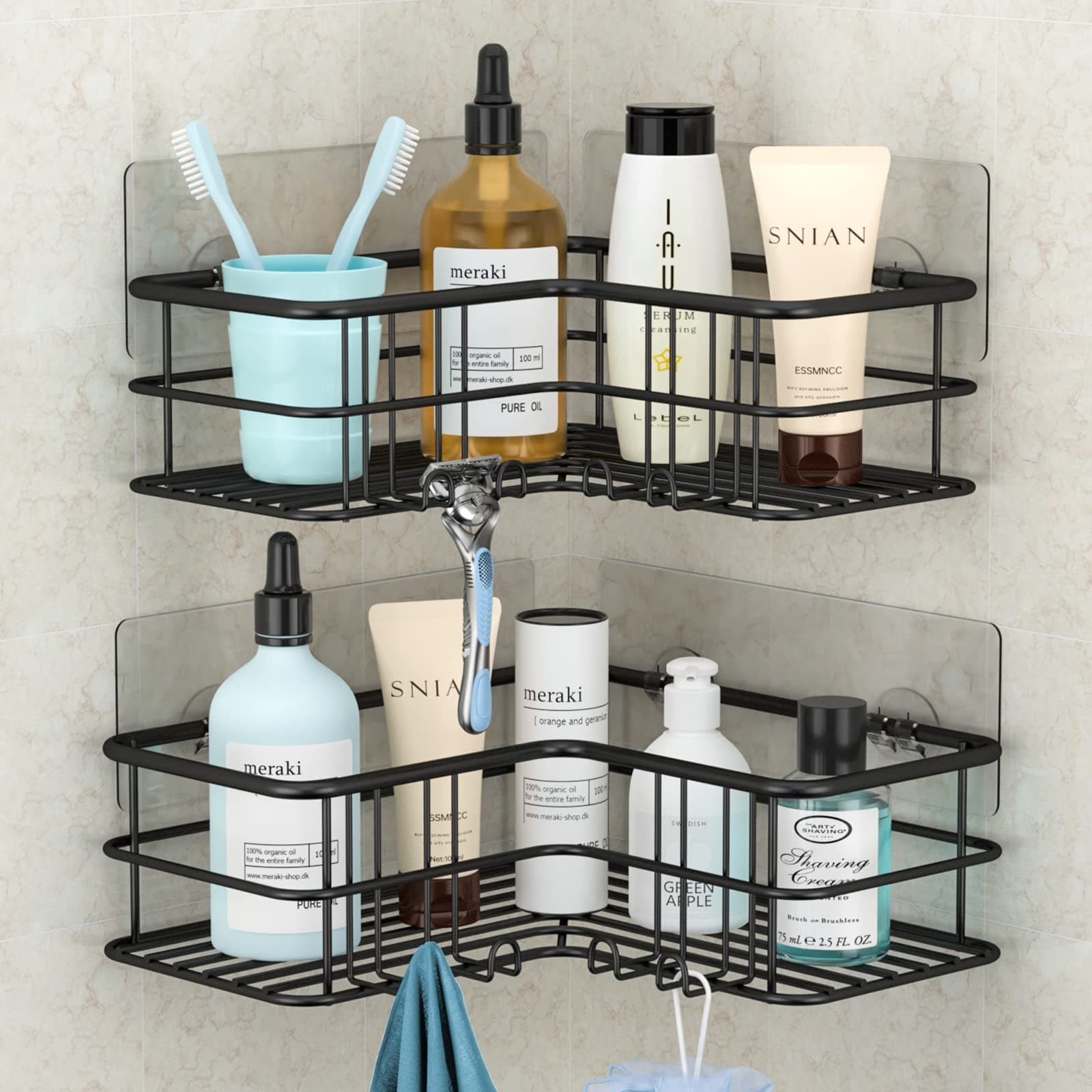Menbyci 2 Pack Corner Shower Caddy, Adhesive Bathroom Shelf with 8 Hooks, Rustproof Stainless Steel Bathroom Organizer, No Drilling Shower Shelves Basket Wall Storage Rack Shampoo Holder (Black)