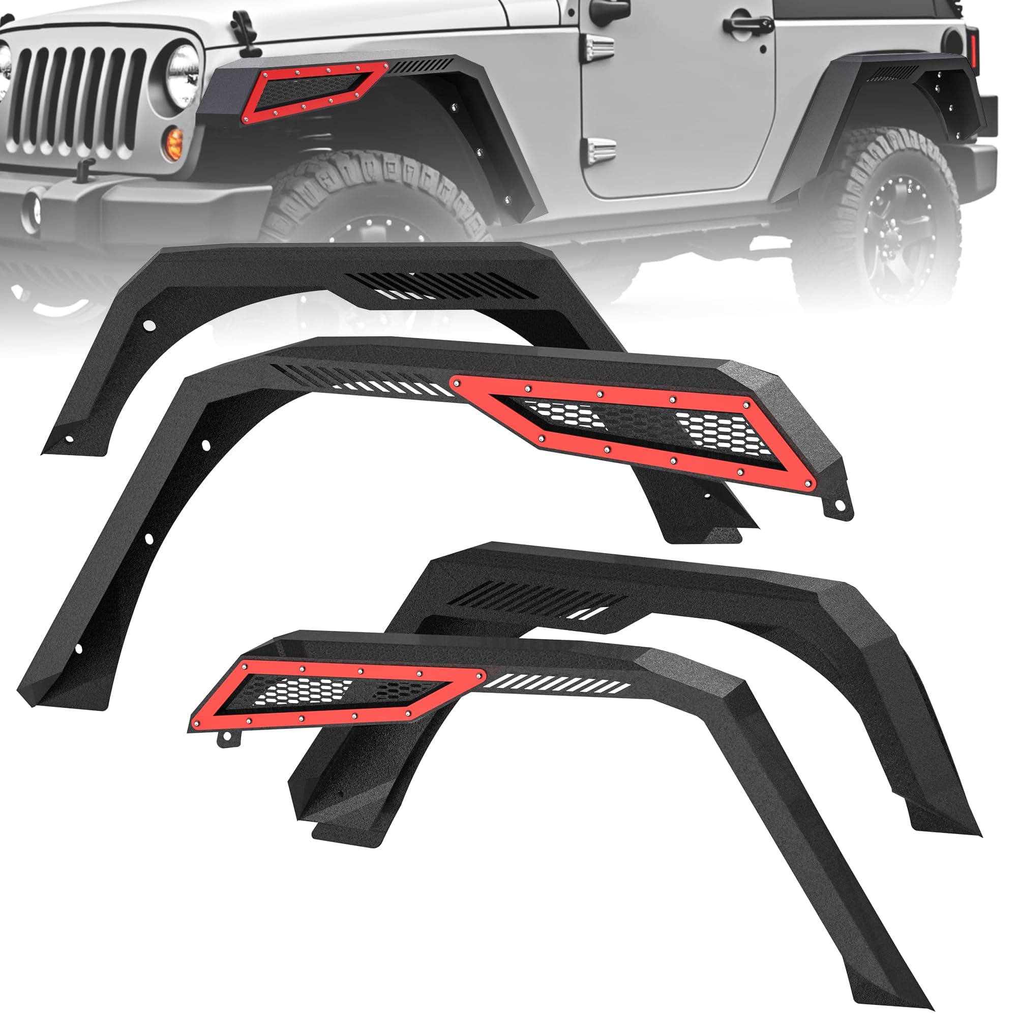 oEdRo Front & Rear Fender Flares Compatible with 2007-2018 Jeep Wrangler JK & JKU Unlimited(2-Door & 4-Door), Textured Black & Red Off-Road Metal Steel Wheel Flares 4 PCS Set