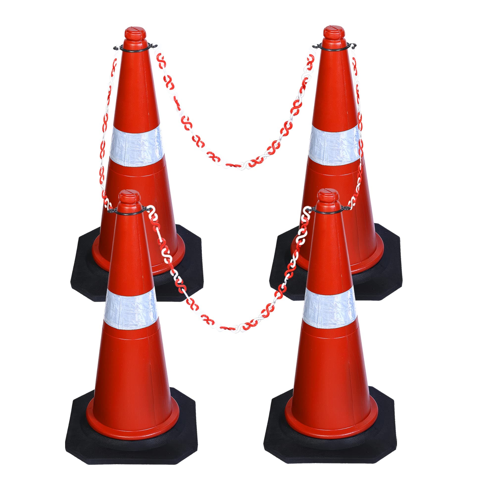 ABS INDUSTRY Safety Cones 4 Cones with 4 Meters S Hook Safety Chain and 4 Hooks Multipurpose PVC Plastic Traffic Safety Cone with Black Rubber Weighted Base and Highly Visible Reflective Collar