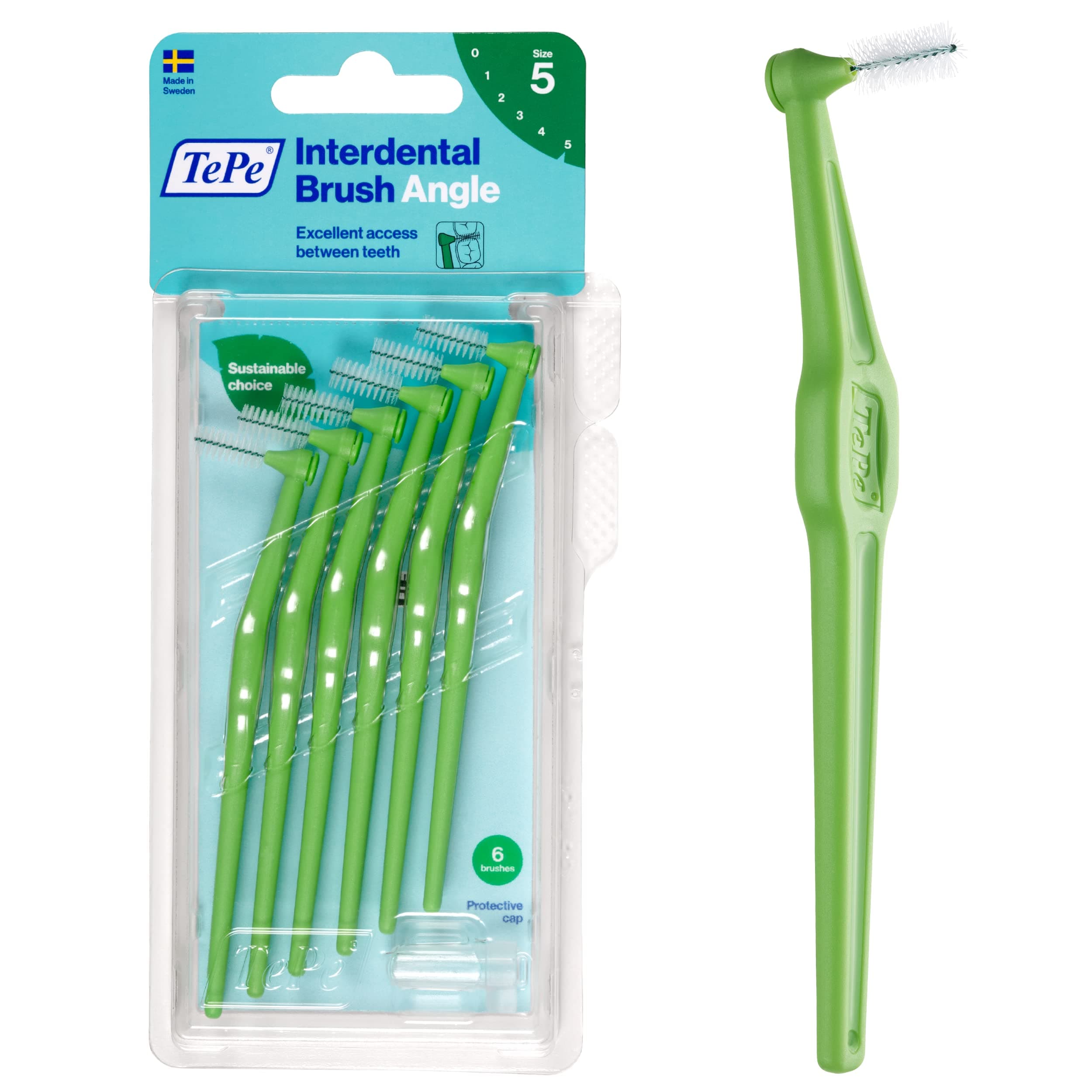 Interdental Brush Angle, Angled Dental Brush for Teeth Cleaning, Pack of 6, 0.8 mm, Large Gaps, Green, Size 5