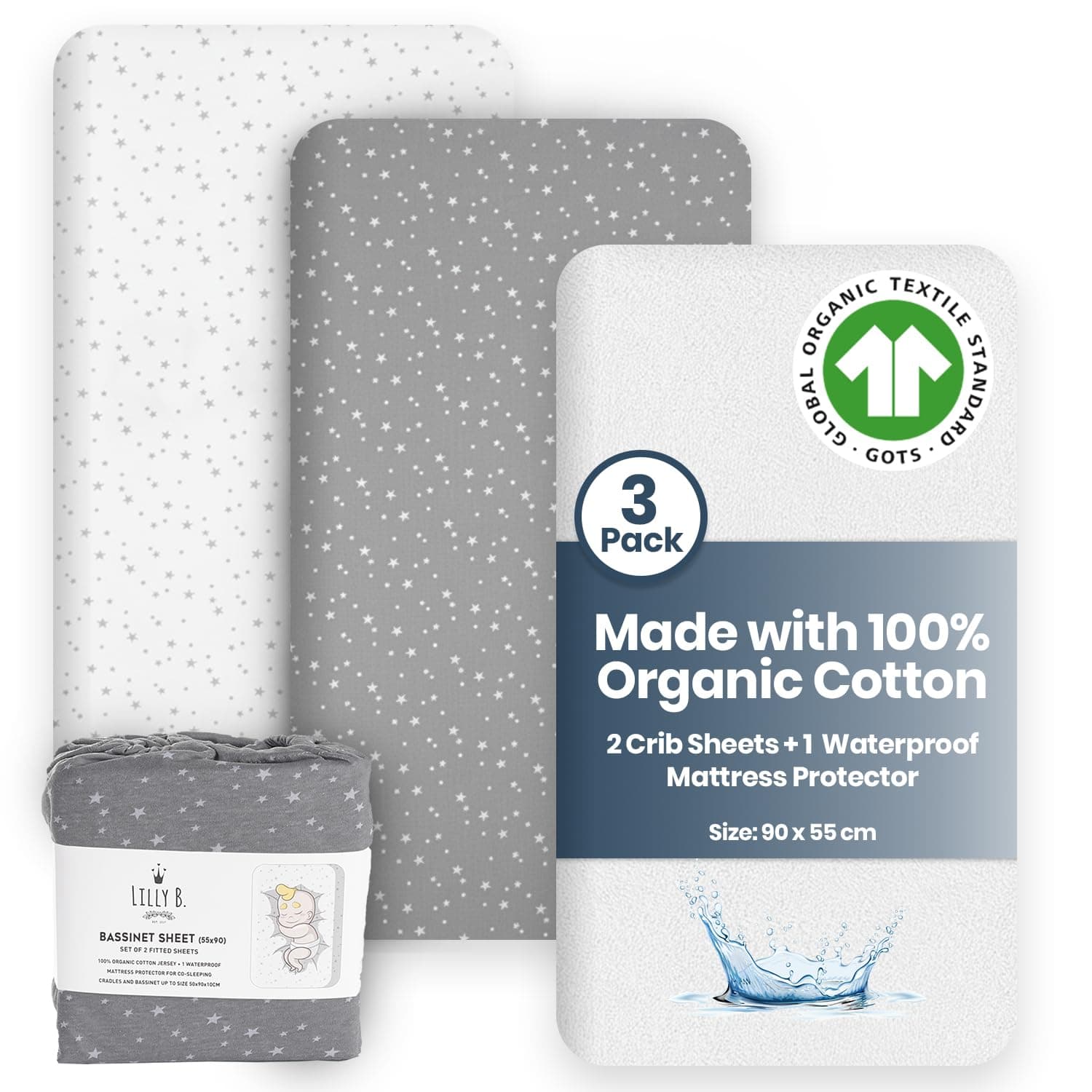 Lilly Belly - Next to me Crib Sheets - Organic Cotton Fitted Crib Sheets | 2+1 Waterproof Protector Compatible with Next to Me Crib, Snuzpod and All Bedside Cribs, bassinets up to 90x55cm Pack of 3.