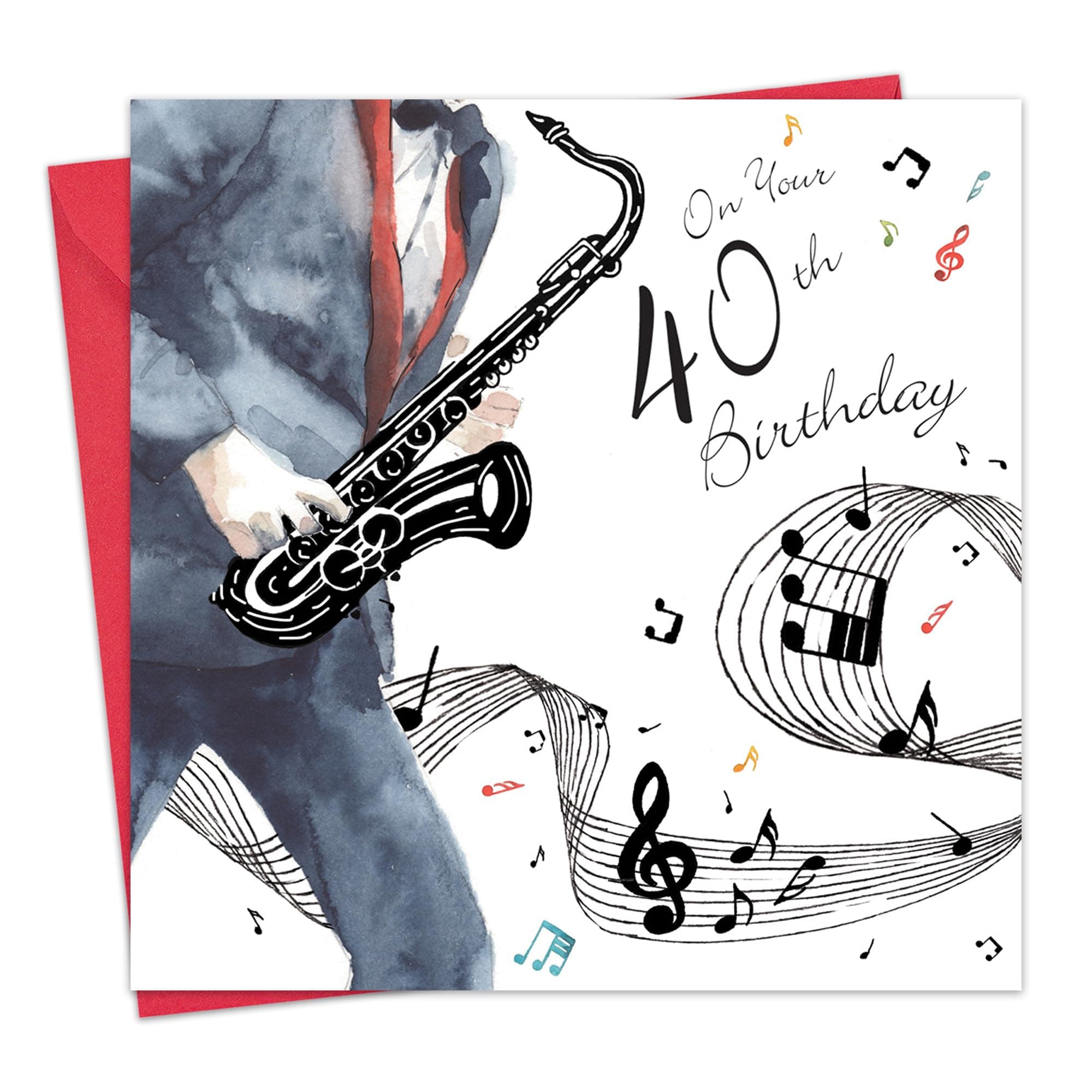 Twizler Happy 40th Birthday Card For Him with Silver Foiling & Unique Watercolour Effect -Saxophone Card - 40 Year Old Birthday Card - Age 40 Birthday Card - Male Birthday Card