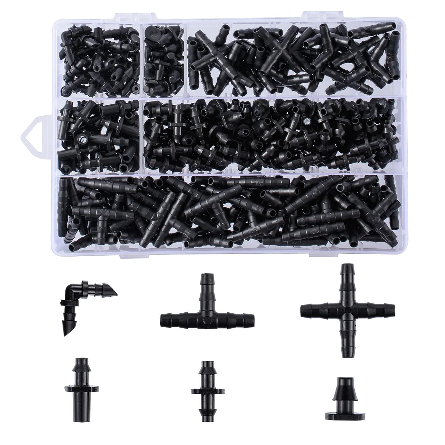 – 280 Pcs Barbed Connectors Irrigation Fittings Kit,Drip Irrigation Barbed Connectors 1/4''Tubing Fittings Kit for Flower Pot Garden Lawn(Straight Barbs,Single Barbs,Tees,Elbows,End Plug,4-Way Coupling)