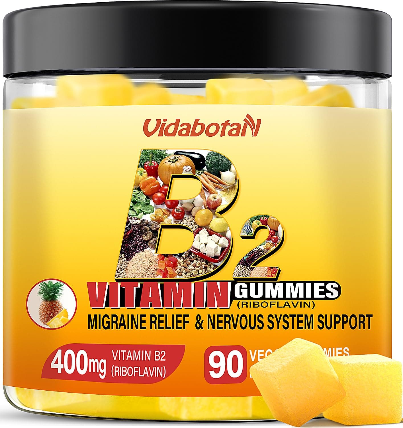 vidabotan Vitamin B2 Gummies - Riboflavin 400 Mg with Magnesium & Coq10 for Kids and Adults, Migraine Relief & Headache - Pineapple Flavor, 90 Chewable Gummies