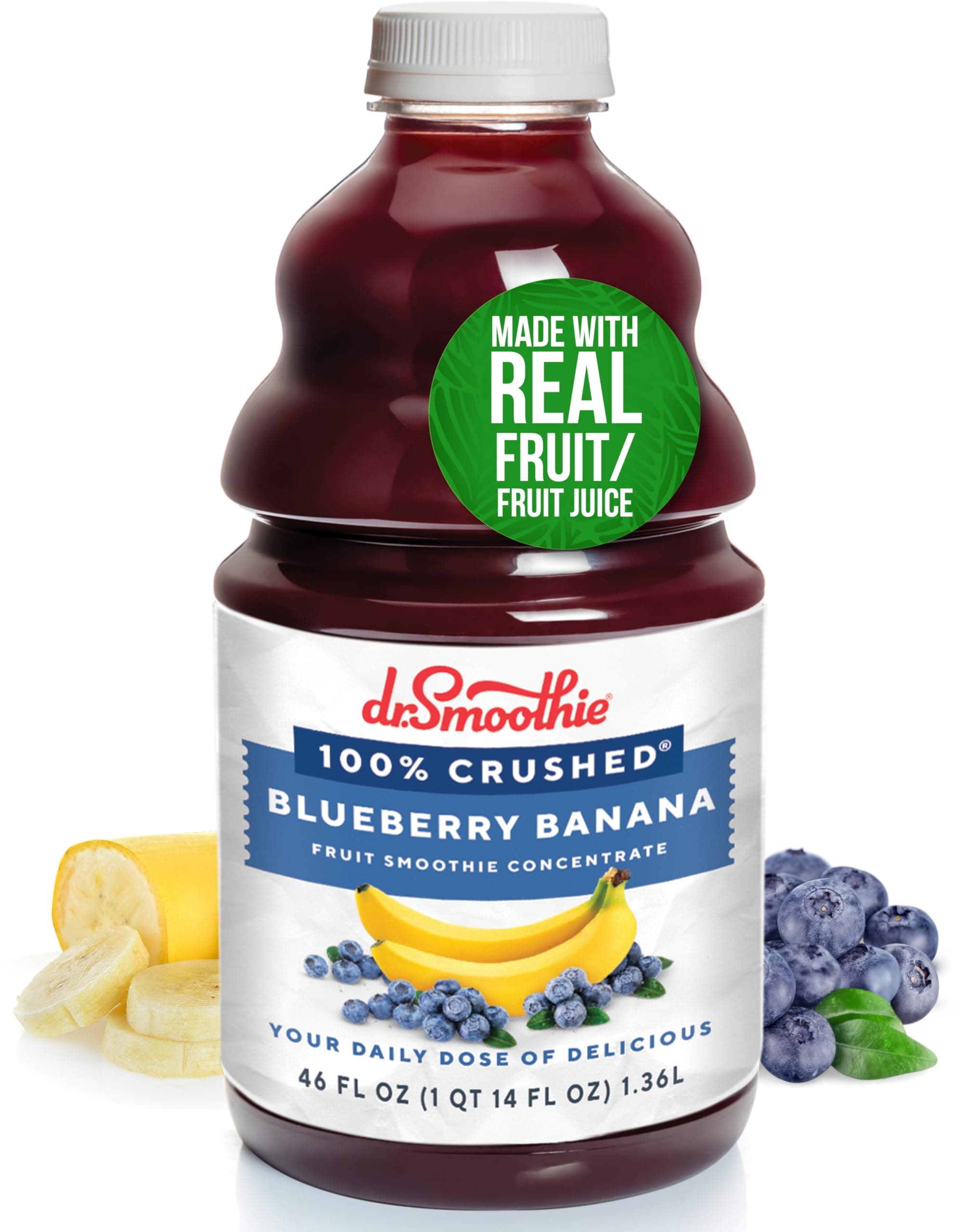 - Dr. Smoothie 100% Crushed Blueberry Banana – No Added Sugar, Made with Real Fruits/Fruit Juice – Vegan, No Artificial Colors or Flavors – Ripe Blueberries & Creamy Banana – 46 oz Bottle