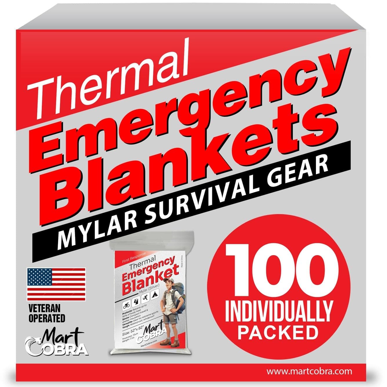 Emergency Blanket 100-Pack | Reflective Thermal Blanket | Survival Gear | Lightweight Mylar Blankets | Retains 90% Body Heat | Essential for Camping, First Aid, Homeless Care Package Bulk