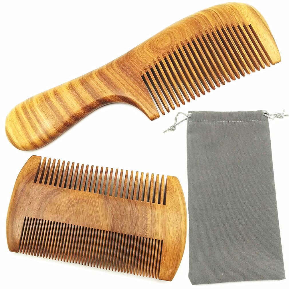 Handmade Natural Aroma Green Sandalwood Wooden Combs Set - No Static Wide Tooth Hair Comb Curly Hair Detangling & Fine Sides Beard Comb for Men Women and Kids