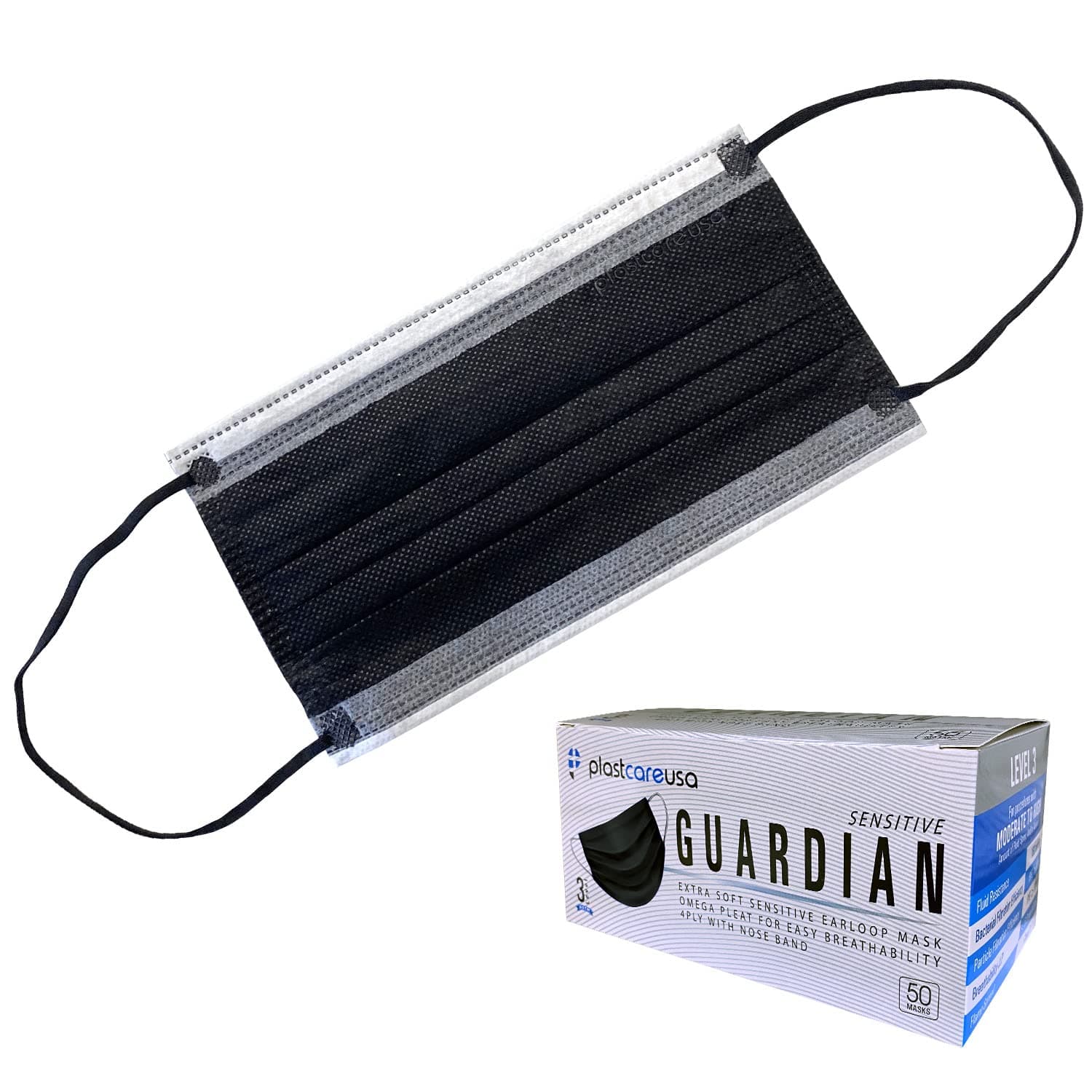 PlastCare USA Black ASTM Level 3 Face Masks - 4-Ply Disposable Masks with Adjustable Nose Band (50 or 100 Pack)