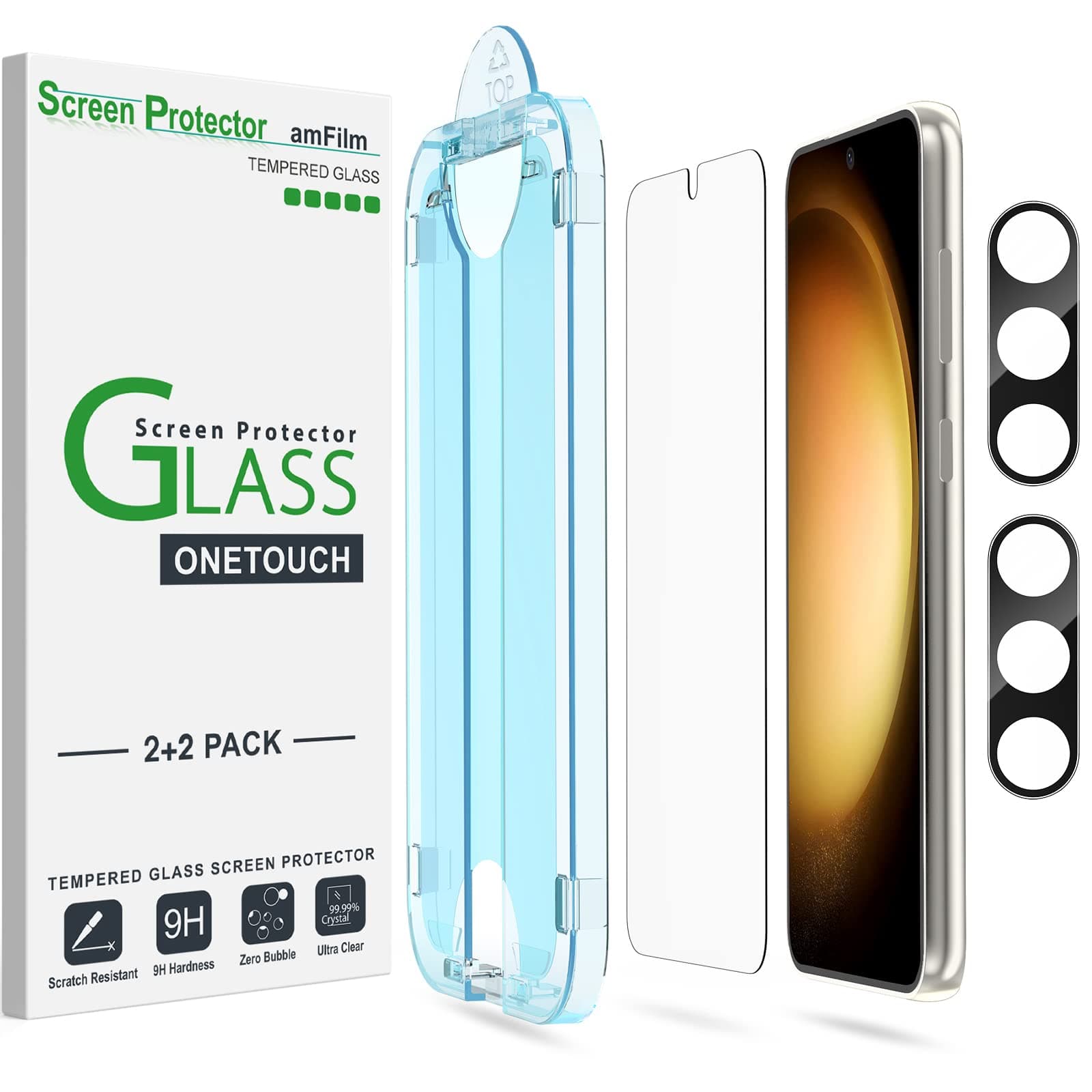 amFilm 2+2 Pack OneTouch Tempered Glass Screen Protector For Samsung Galaxy S23+/S23 Plus 6.6 Inch With Camera Lens Protector, 9H Hardness, Easy Installation and Bubble Free