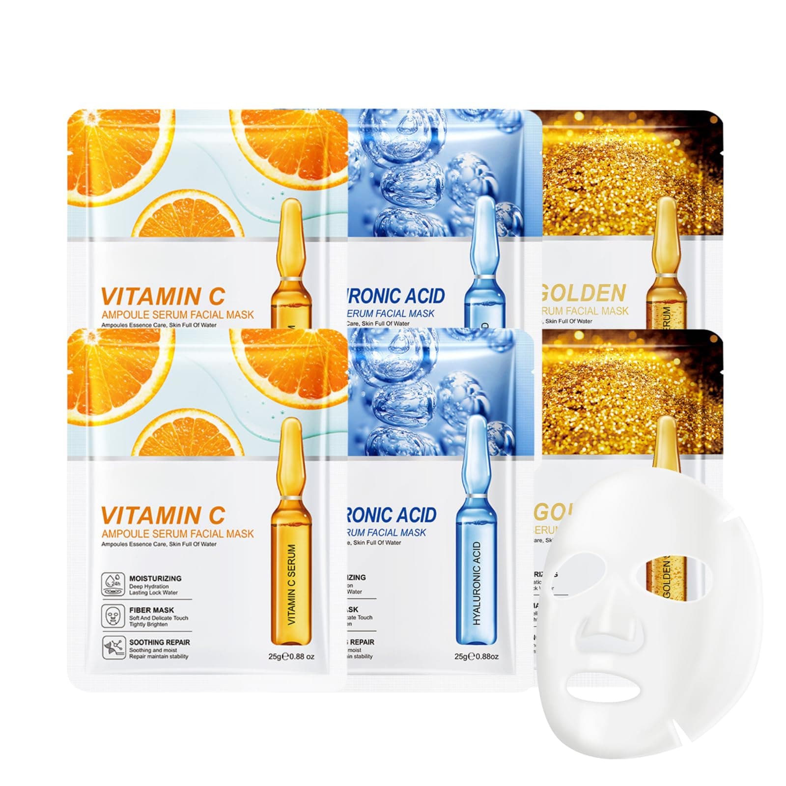 6-Pack Face Mask Set-Hydrating Face Mask with Hyaluronic Acid, 24K Gold & Vitamin C (2 Each) - Soothing, Brightening，Glowing Skin for Women Men Teens -25ml Essence for All Skin Types