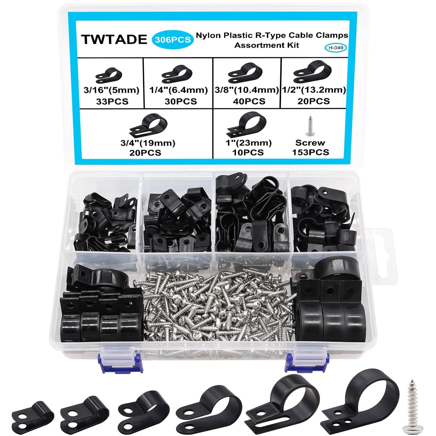 TWTADE 306PCS Black Cable Clamps Nylon Plastic R-Type 6 Sizes 3/16'' 1/4'' 3/8'' 1/2'' 3/4'' 1'' Cable Mounting Wire Clips Assortment Kit with Screws for Wire Management H-049