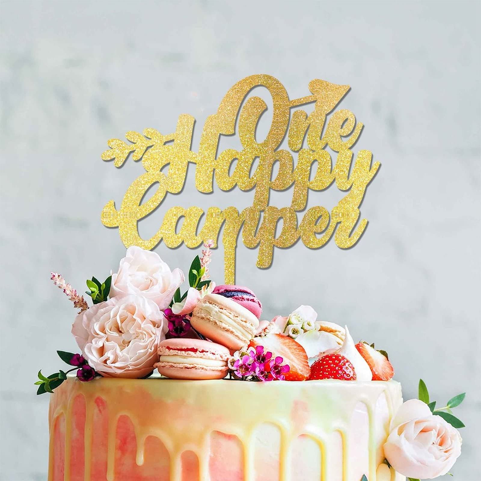One Happy Camper Cake Topper, 1st Birthday Cake Topper, Golden Glitter Cake Topper, Wood Cake Topper, First Birthday Mountain Cake Topper
