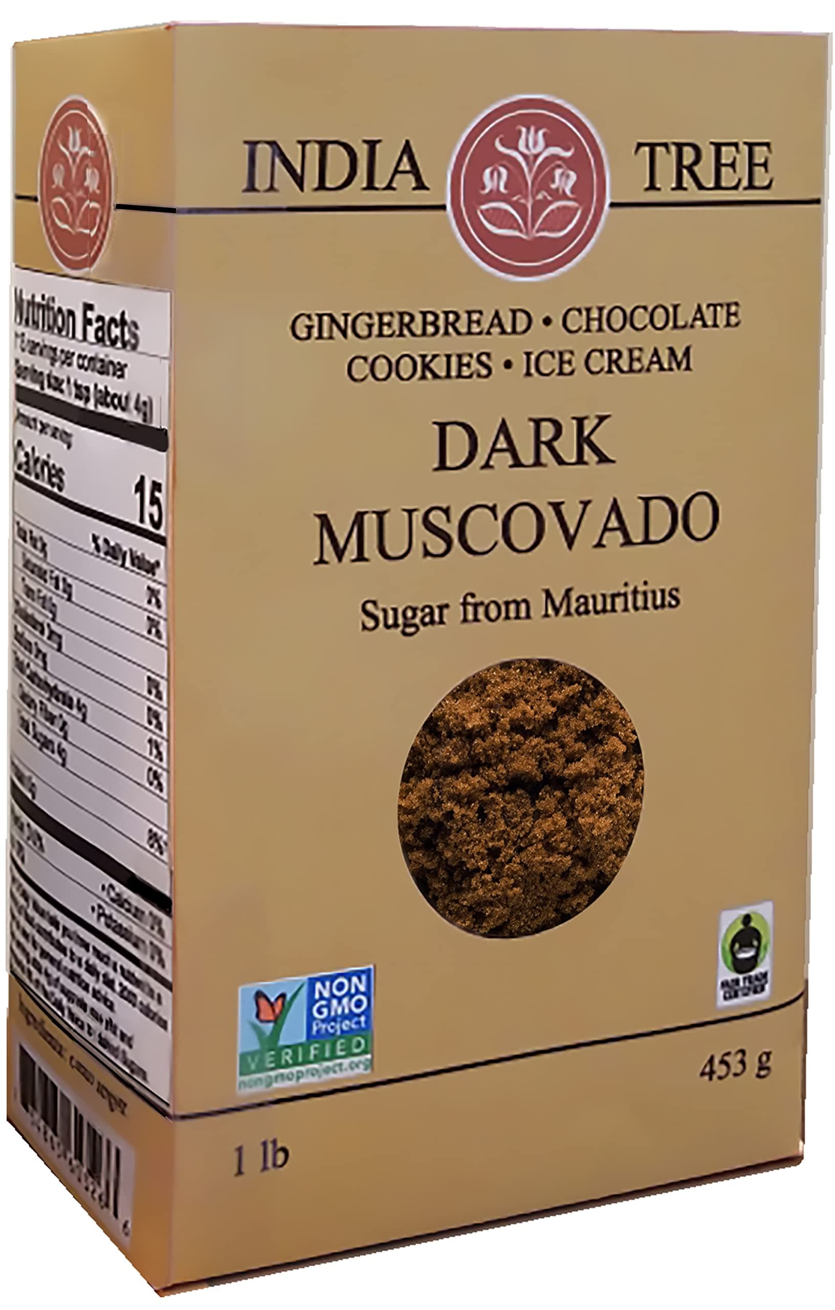 India Tree Dark Muscovado Sugar, 1 Pound Box, Unrefined Brown Baking Sugar with Rich Molasses Flavor, Perfect for Gingerbread, Coffee, and Chocolate Cakes