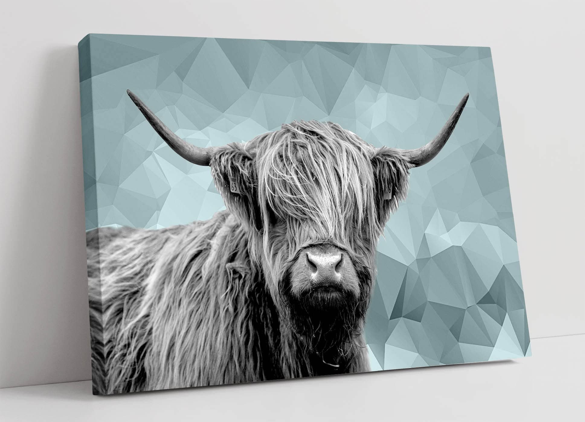 Duck Egg Blue Animal Geo Collection Highland Cow Giraffe Print Canvas Wall Art Picture Print - 47 inch wide x 32 inch high (Frame Depth 30mm)