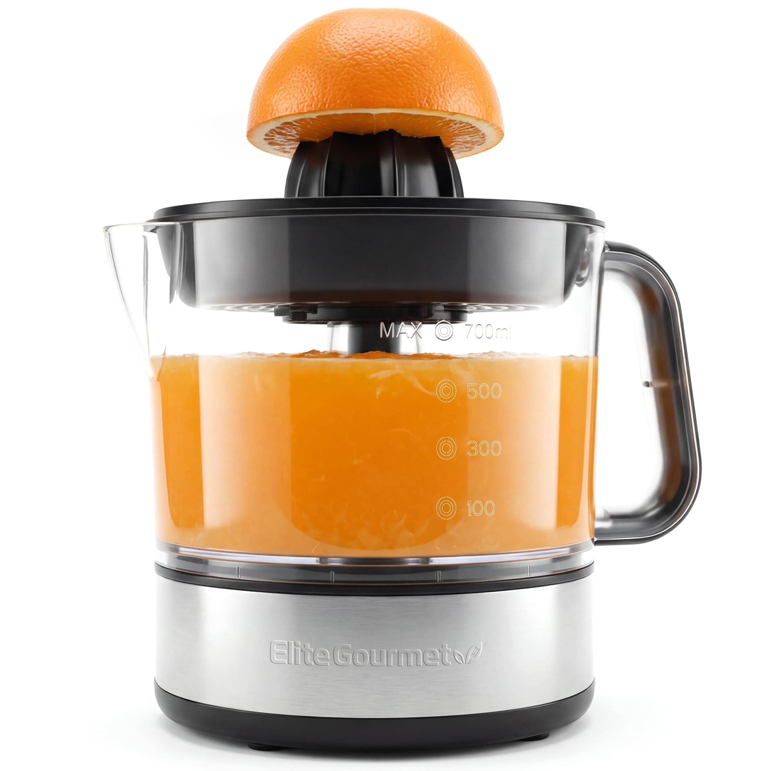 Elite Gourmet ETS623 Electric Citrus Juicer BPA Free Compact Large Volume Pulp Control Oranges Lemons Limes Grapefruit with Easy Pour Spout, 24oz, Black/Steel