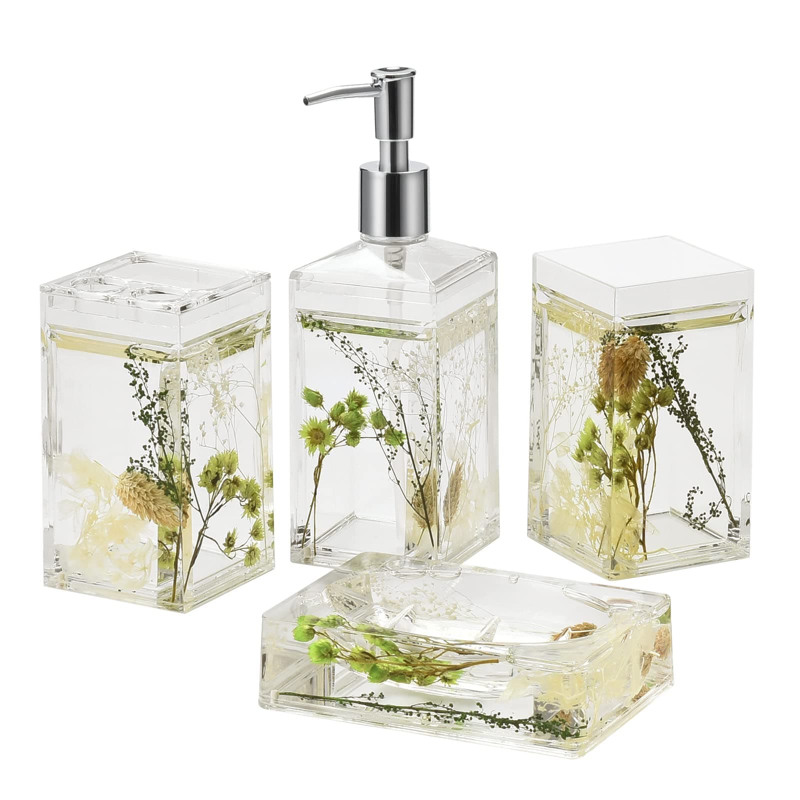 4 Piece Acrylic Liquid 4D Floating Motion Bathroom Vanity Accessory Set Garden Botanic Green Plants Toothbrush Holder, Tumbler, Soap Dispenser, Soap Dish
