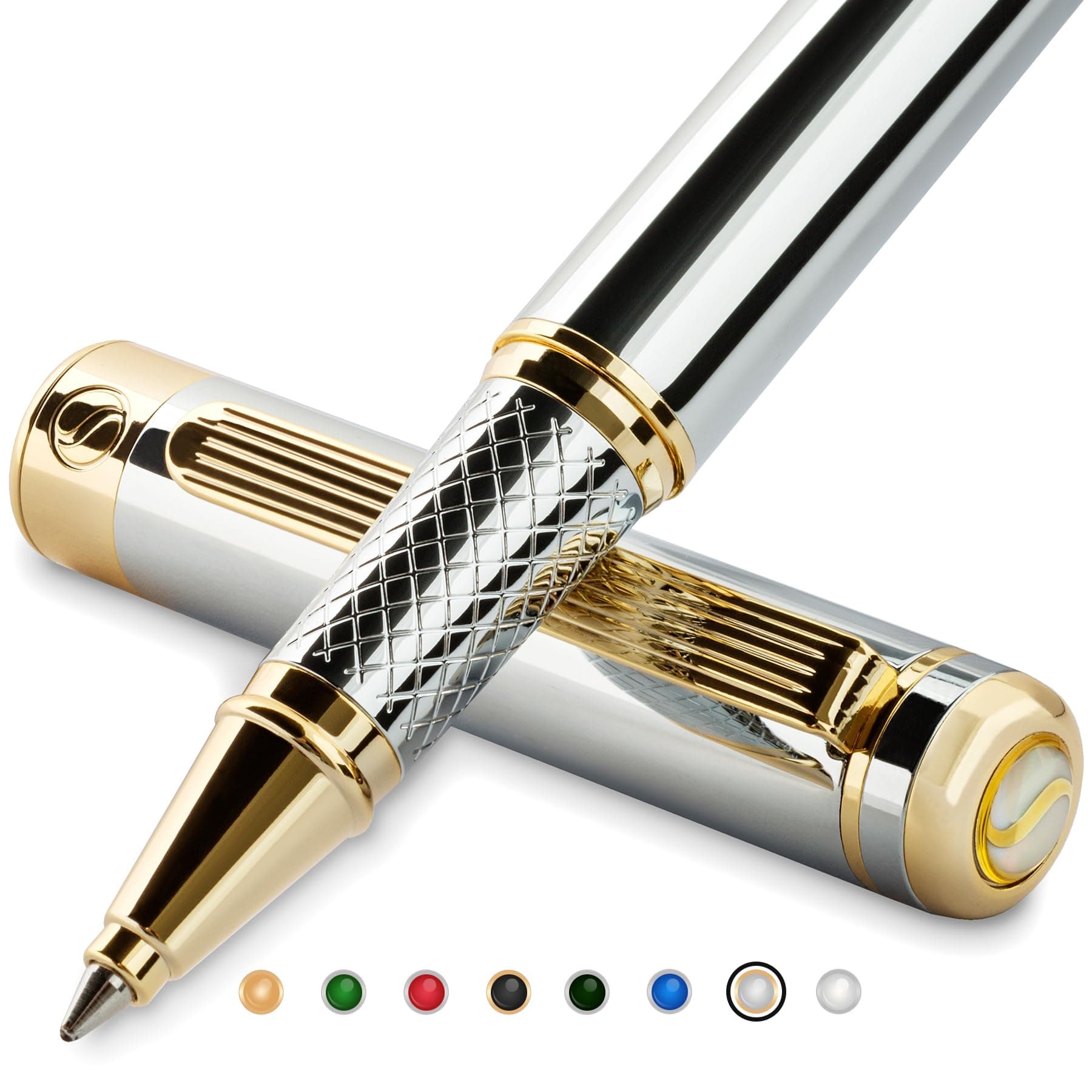 Scriveiner Silver Chrome Rollerball Pen - Stunning Luxury Pen, Real Gold Plating, Schmidt Ink Refill, Best Roller Ball Pen Gift Set for Men & Women, Professional, Executive Office, Fancy Pens