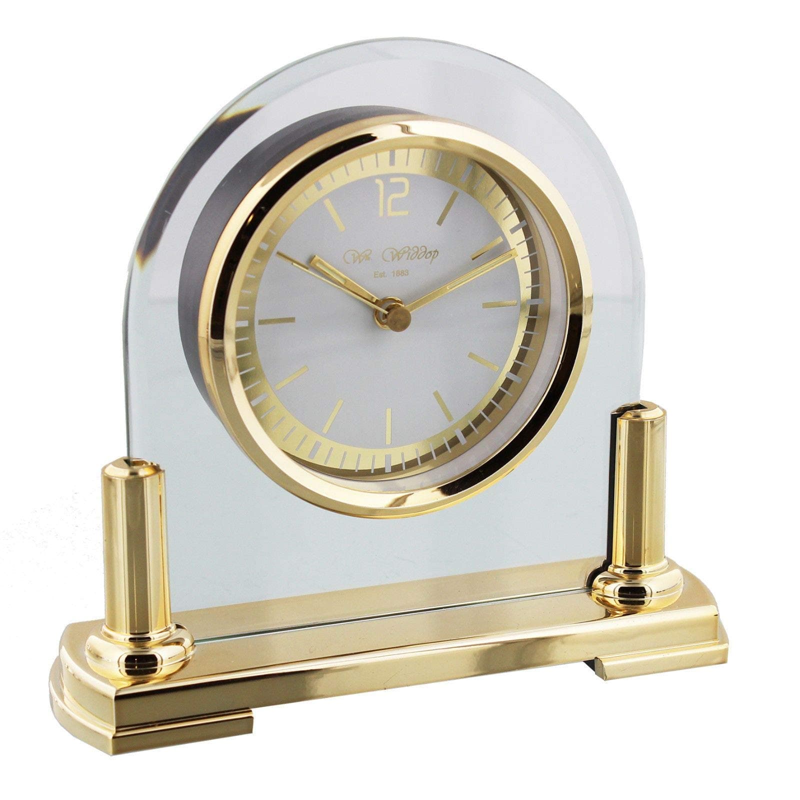 DIW Contemporary Arched Glass Mantel Table Clock Gold Stand & Bezel