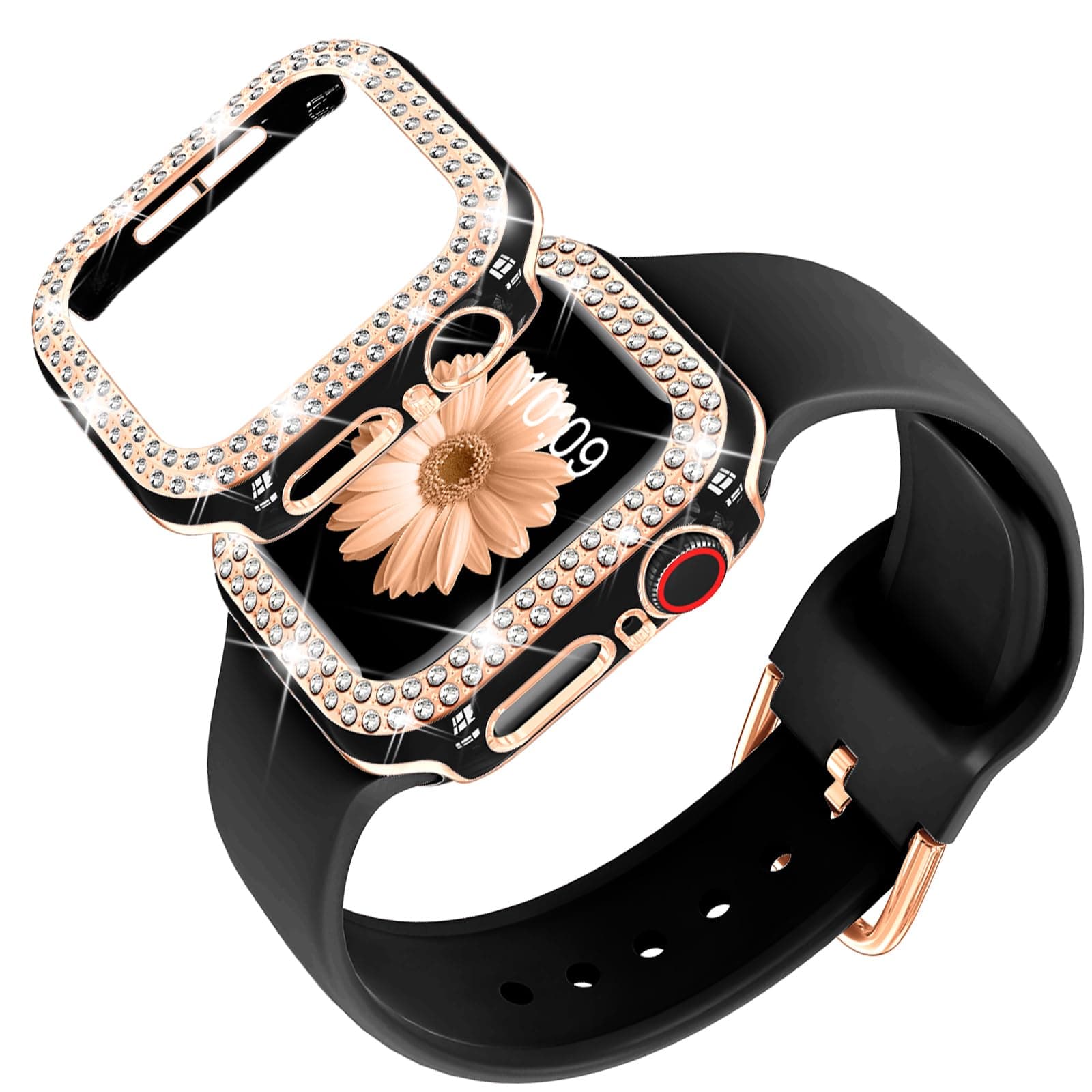 DABAOZA Compatible for Apple Watch Bands 44mm with Bumper, Bling Glitter Women Silicone Soft Comfortable Strap for iWatch SE Ultra 3 2 Series 11 10 9 8 7 6 5 4 3 2 1(Black Rosegold,44)