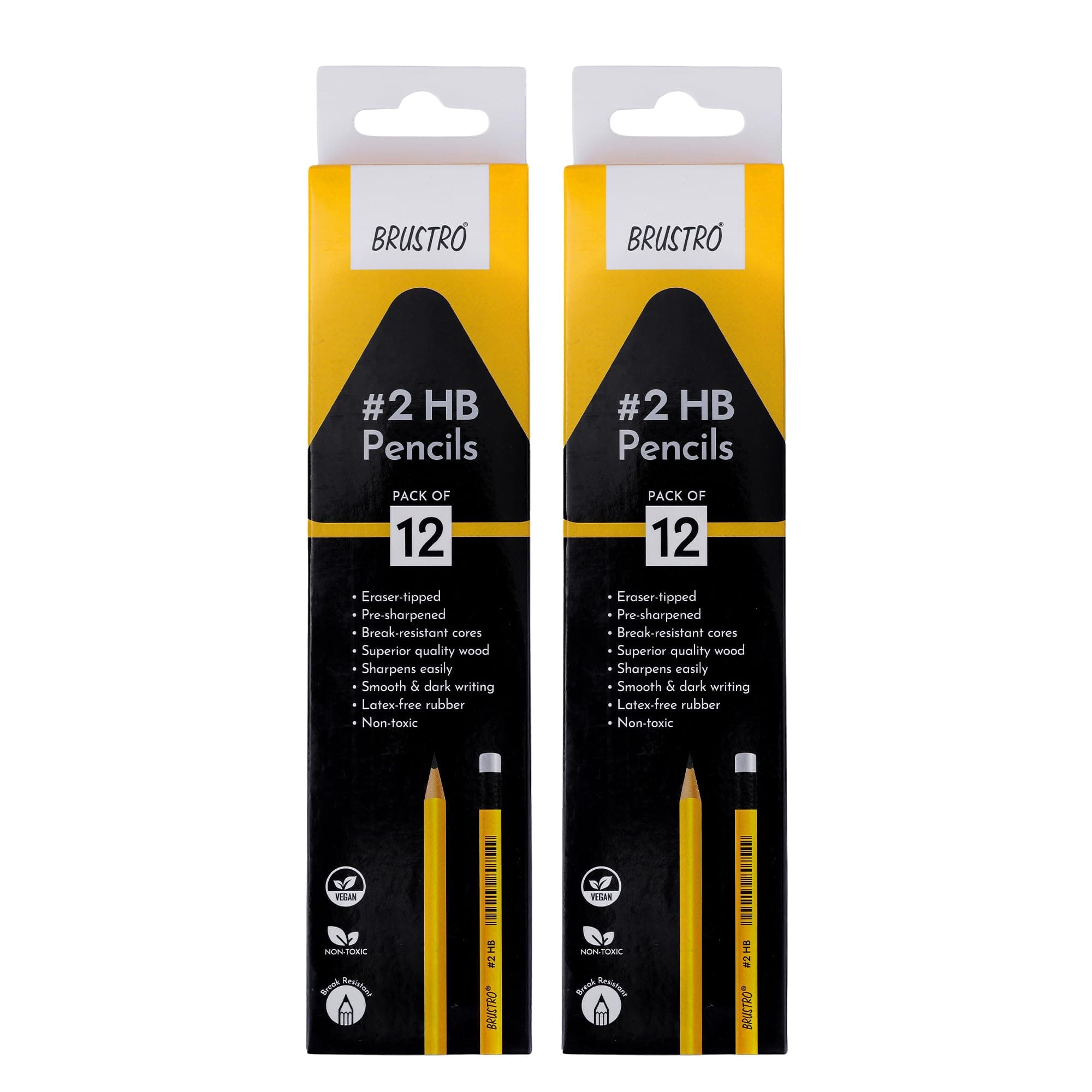 BRUSTRO 2HB Pencils |Pack of 2 (Total 24 Pencils)| Strong Grip, Extra Dark with Eraser Tip, Pre-Sharpened, Smooth Handwriting,Ideal for Drawing,Sketching,Mandala,Graphite,Students,School,Office use