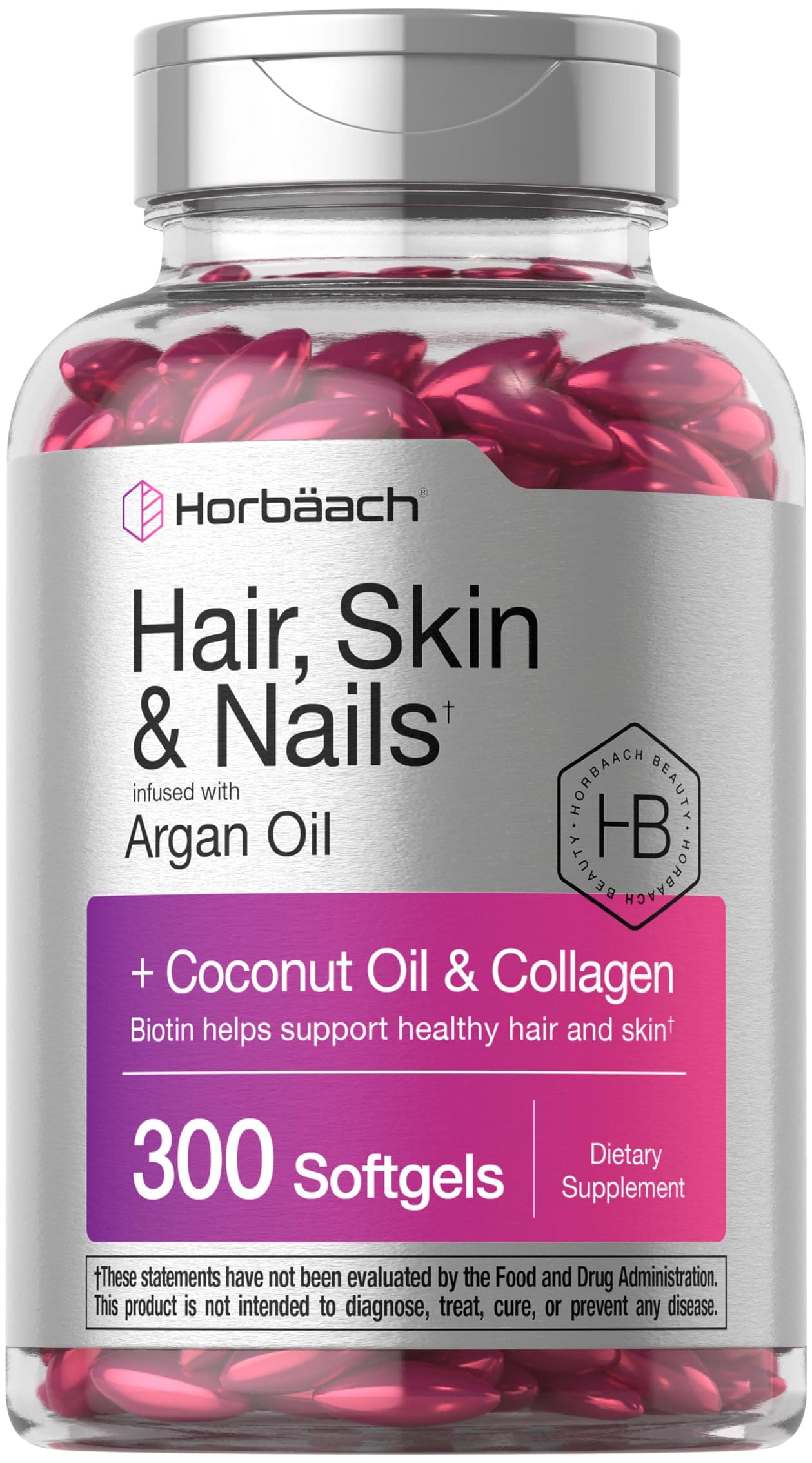 Horbäach Hair Skin and Nails Vitamins | 300 Softgels | with Biotin and Collagen | Infused with Argan Oil and Coconut Oil | Non-GMO, Gluten Free Supplement | by