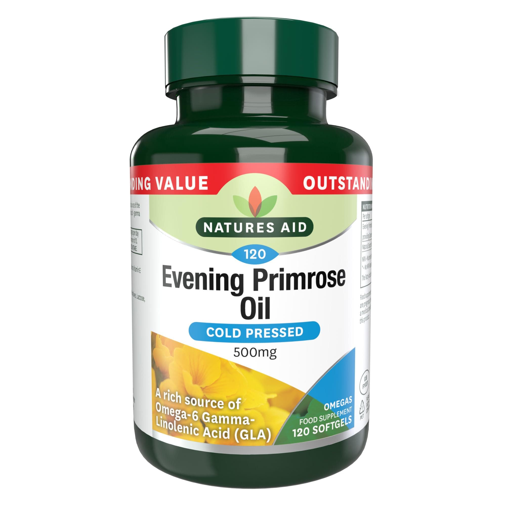 Natures Aid Evening Primrose Oil 500mg – Cold Pressed Omega-6 GLA – Supports Hormonal Balance, Skin Health & Anti-Inflammatory Function – Non-GMO, Gluten-Free – 120 Softgels