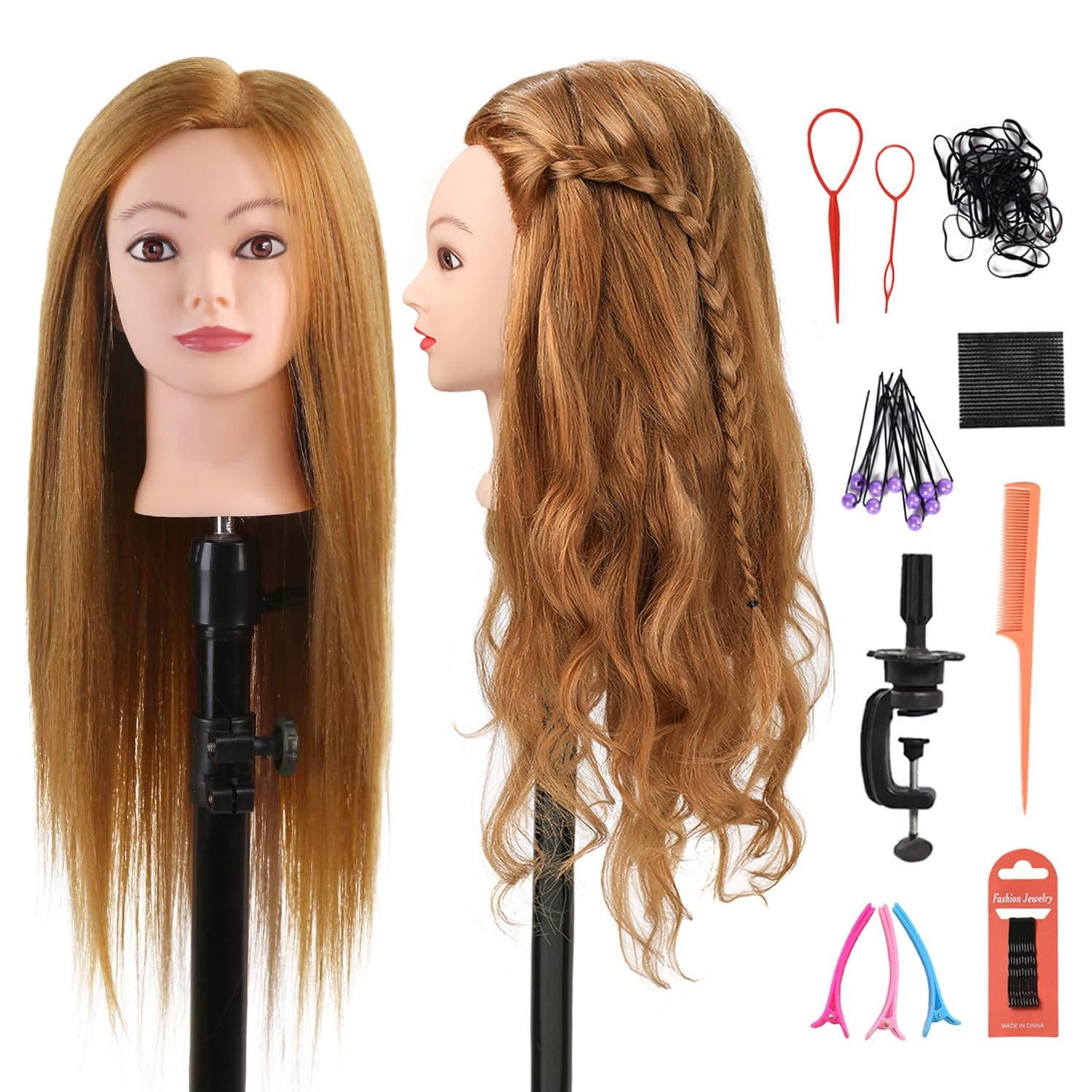 SILKY #27 Mannequin Head with Human Hair 40% Blonde 28" Professional Bride Hairdressing Cosmetology Doll Head Training Head Free Stand holder