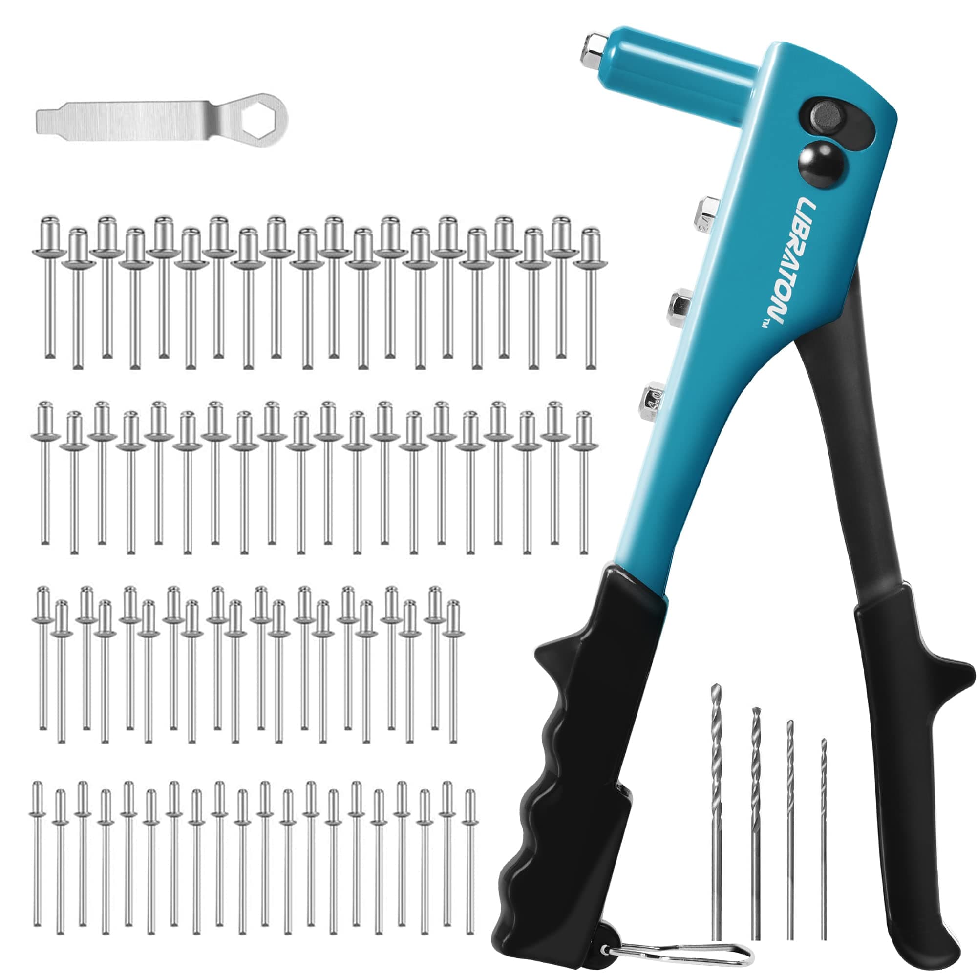 Libraton 4-in-1 Manual Riveter Set with Rivets 80 Pieces for 4 Types of HSS Rivets Drill Bits Rivets for Automotive, Iron Path, Furniture, Instrument