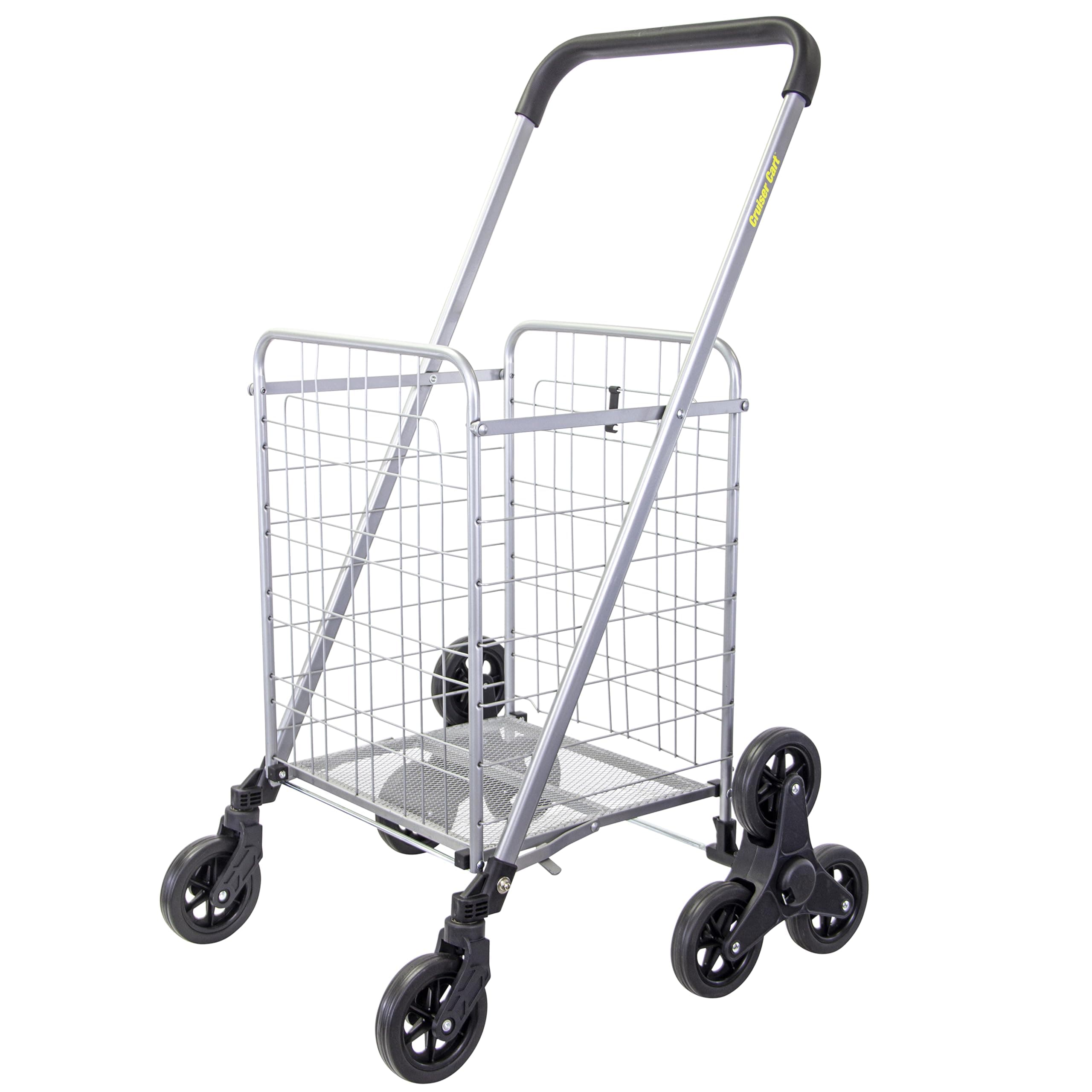 Stair Climber Cruiser Cart Shopping Grocery Rolling Folding Laundry Basket on Wheels Foldable Utility Trolley Compact Lightweight Collapsible, Silver