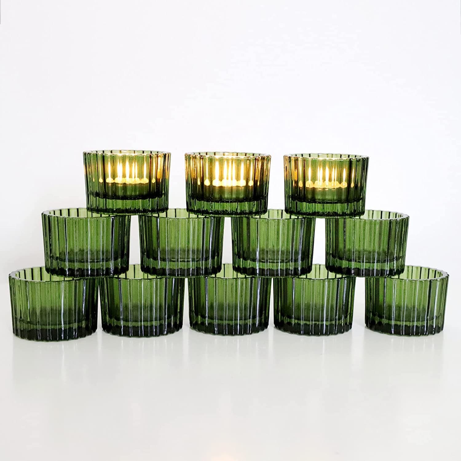Green Tea Light Candle Holders 12 pcs, Glass Tealight Holders for Wedding Party 5 cm x 3.5 cm, Votive Candle Holder for Holidy Home Décor