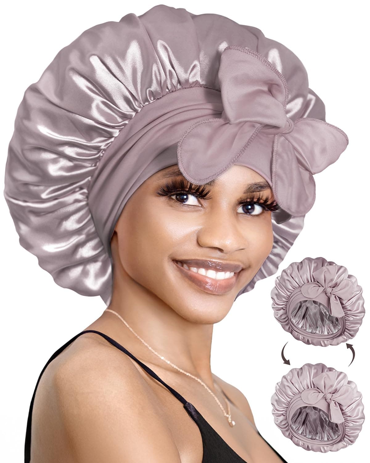 Silk Bonnet for Sleeping Satin Bonnet with Tie Hair Wrap Double Layer Sleep Cap for Women Curly Hair, Grey Purple
