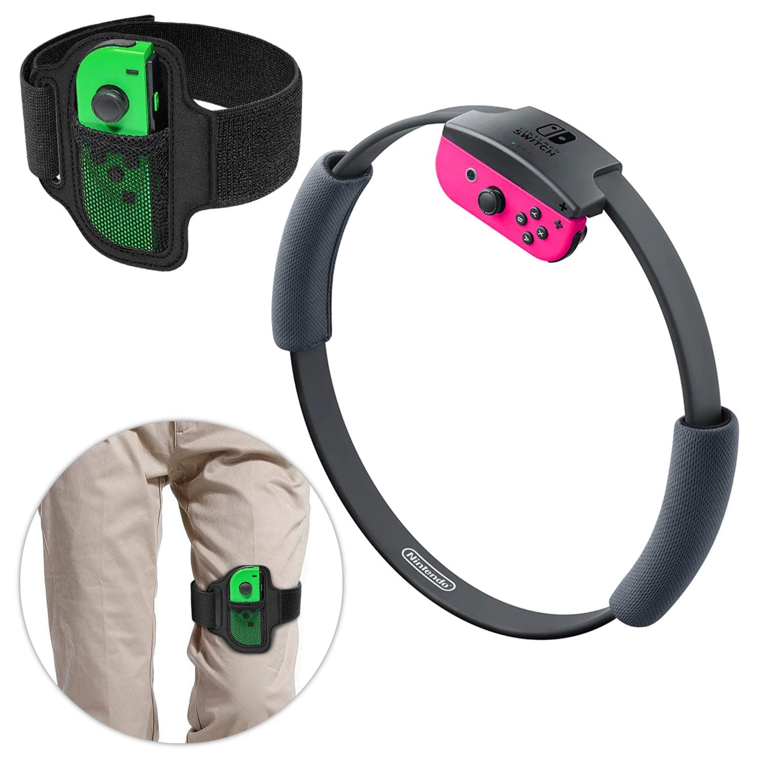 Leg Strap for Nintendo Switch Joycon, Adjustable Elastic Sport Movement Leg Fixing Strap for Nintendo Switch Game with 2 Ring-Con Grips (Gray)