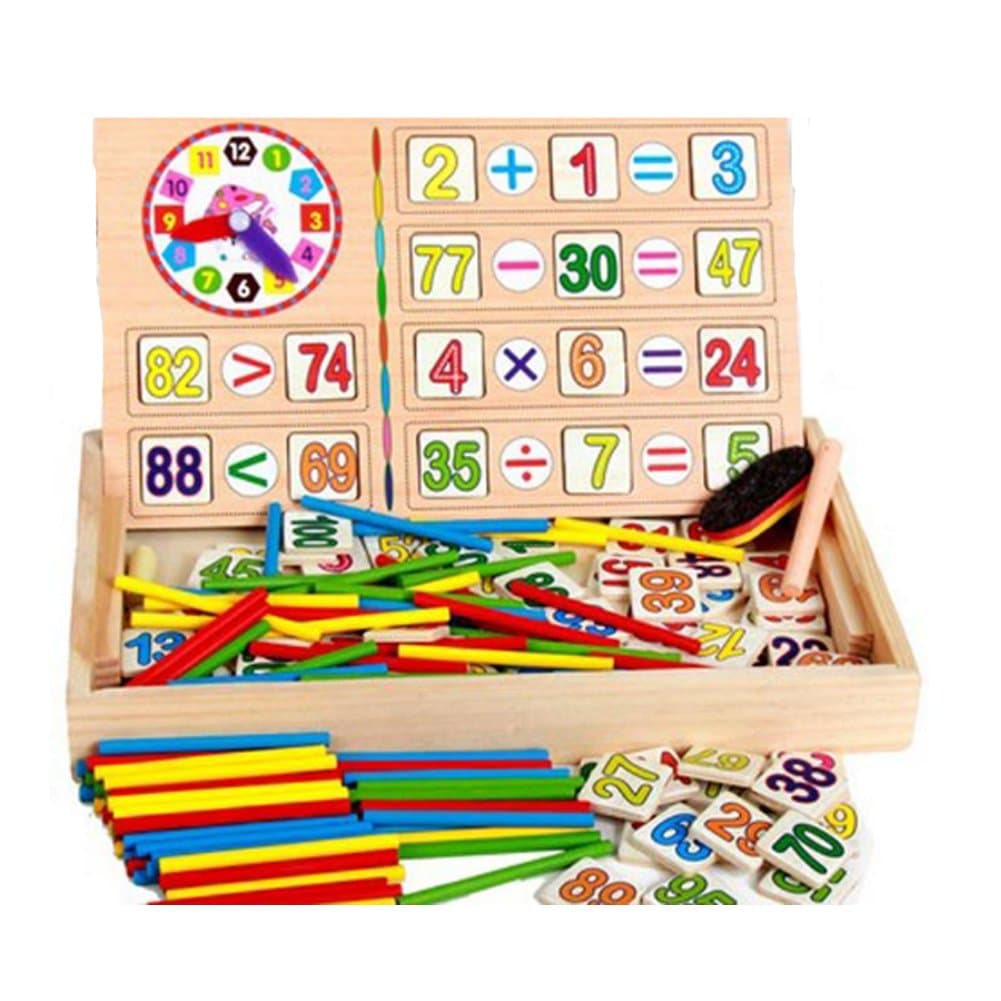 ponny Children Number Cards Calculation Time Learning Tool Math Educational Toy Wooden Sticks Clocks Counting Rods with Storage Box.