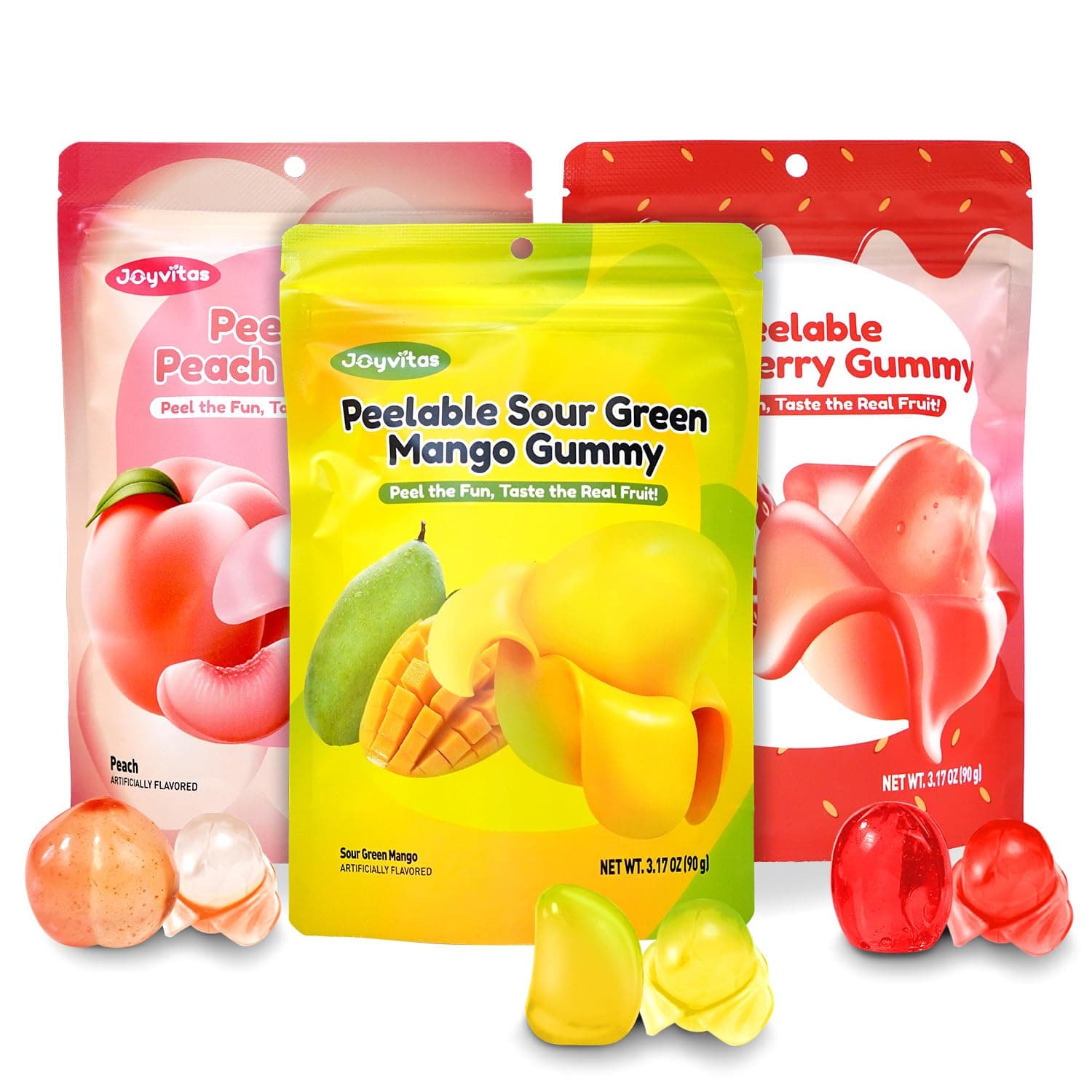 Peelable Gummy Candy Intense Mango Peach Stawberry Mix Flavor Fruit Chewy Gummi Snack Low Sugar & Calorie, Individual Soft & Chewy Candy Snacks (3-PACK 9.53OZ, Mixed-Fruit)