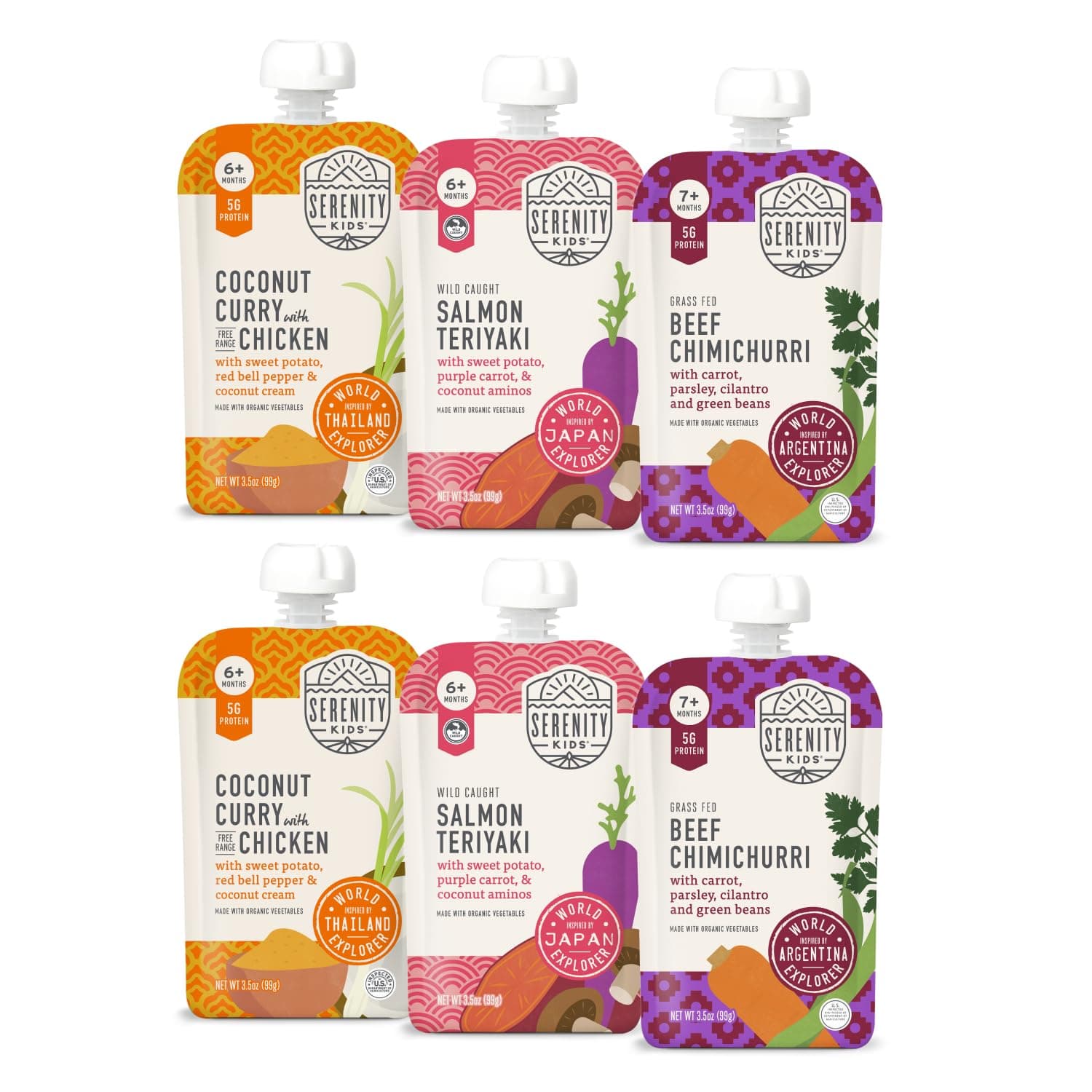 Serenity Kids 7+ Months World Explorers Stage 2 Baby Food Pouches - BPA-Free Pouches - Organic Meat & Veggie Puree with Ethically Sourced Beef - 3.5 Oz, 6 Pack
