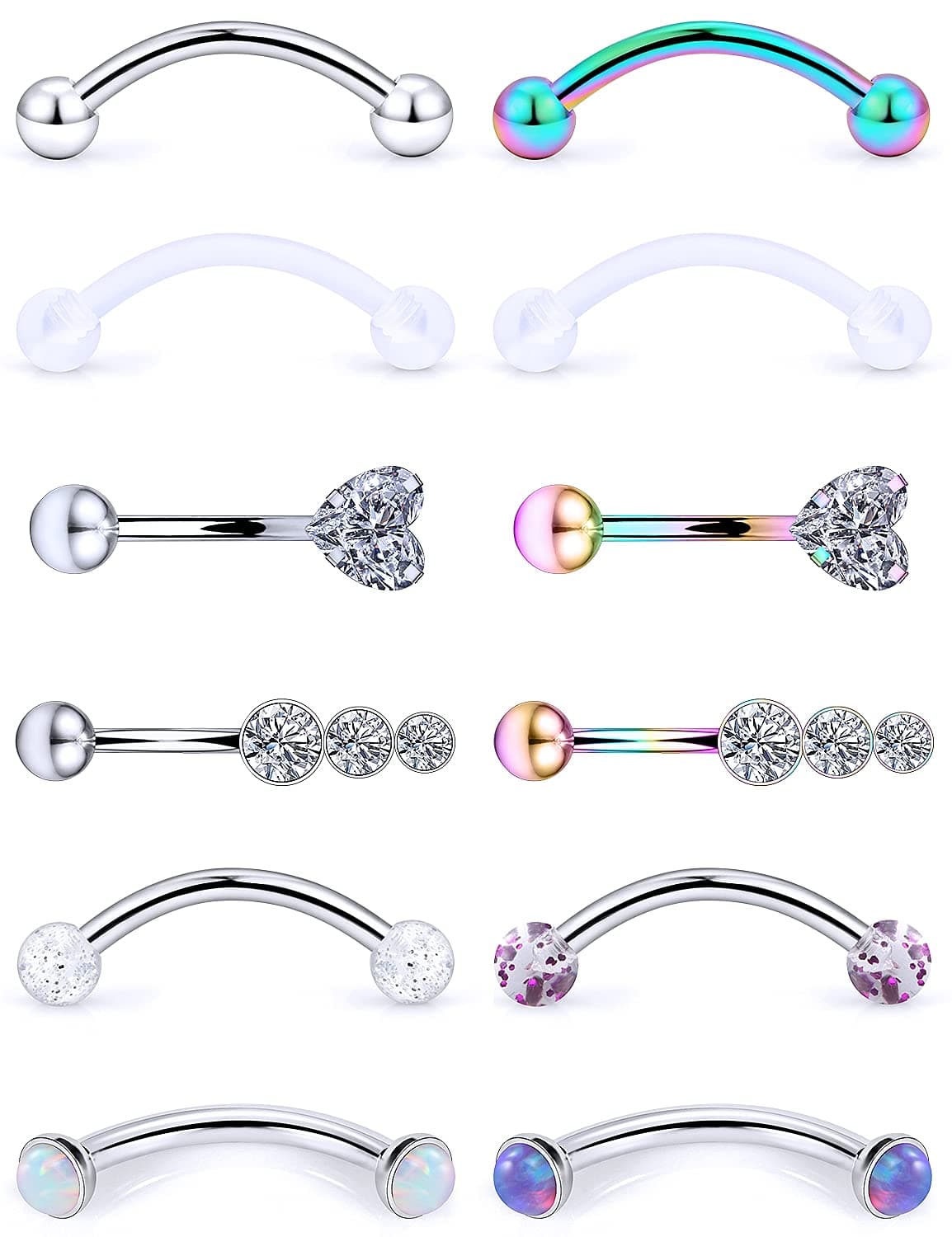 16g 5/16in Eyebrow/Rook/Snug/Vertical-Labret/VCH/Snake-Eyes/Anti-Tragus/Cartilage/Daith/Belly-Button/Bridge/Hood/Surface Curved Barbell Piercing Jewelry for Women Men
