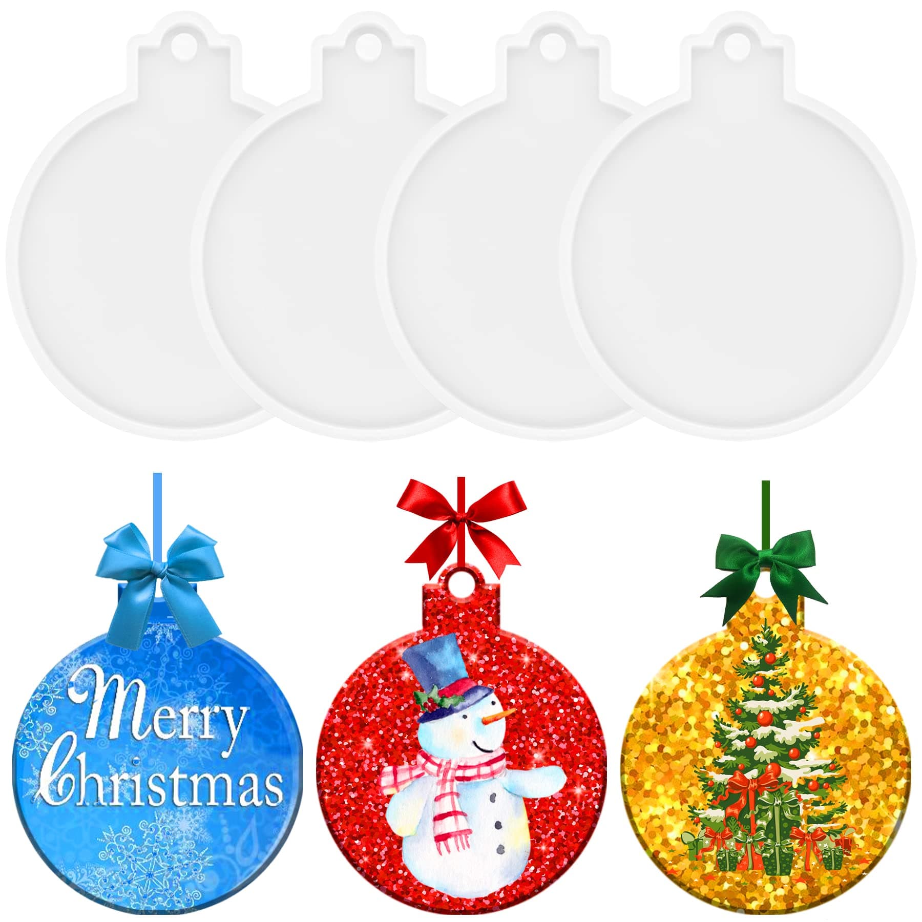 4 Pcs Large Christmas Round Ornament Resin Molds 3.3 Inches Shiny Silicone Casting Molds DIY Craft Supplies for Ornament Keychain Pendant Making