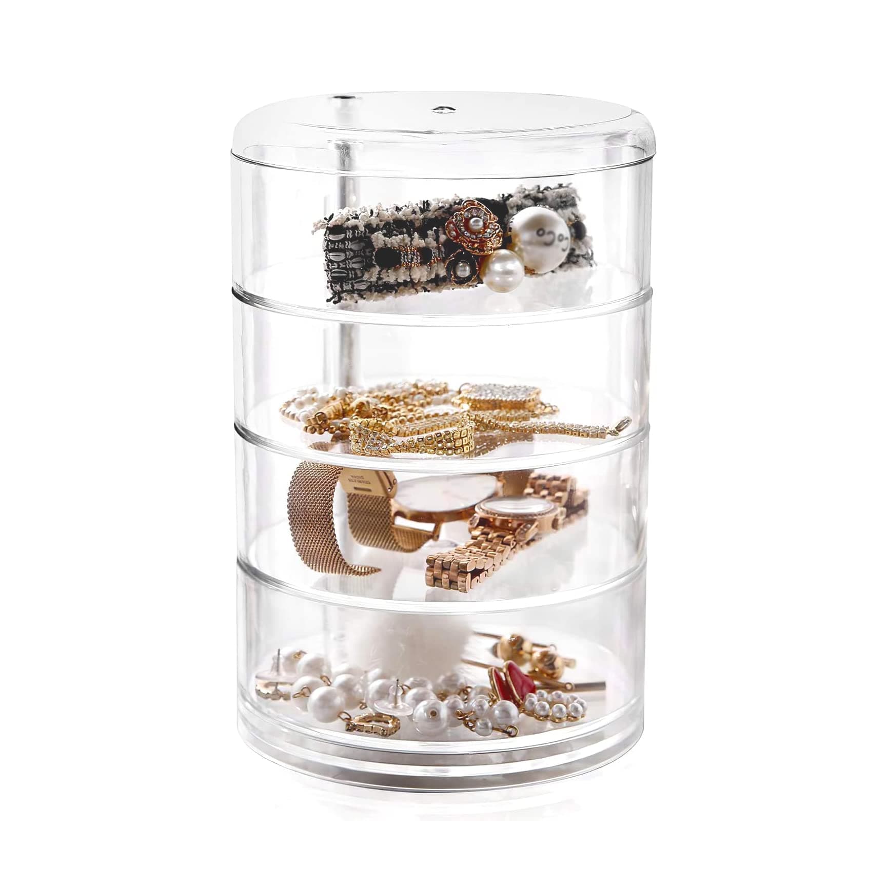 Acrylic Organizer, 4-Tier 360 Degree Rotating Jewelry Storage Box for Earring Bracelets Rings Cosmetic Fits Small Spaces on Dressing Table, Clear