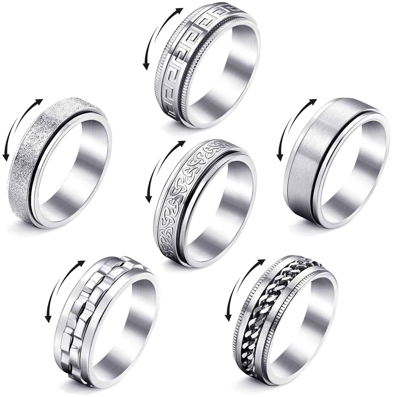 Fidget Rings for Anxiety 4-6pcs Stainless Steel Rings for Men Fidget Ring Black Anxiety Spinner Ring Set for Women Men