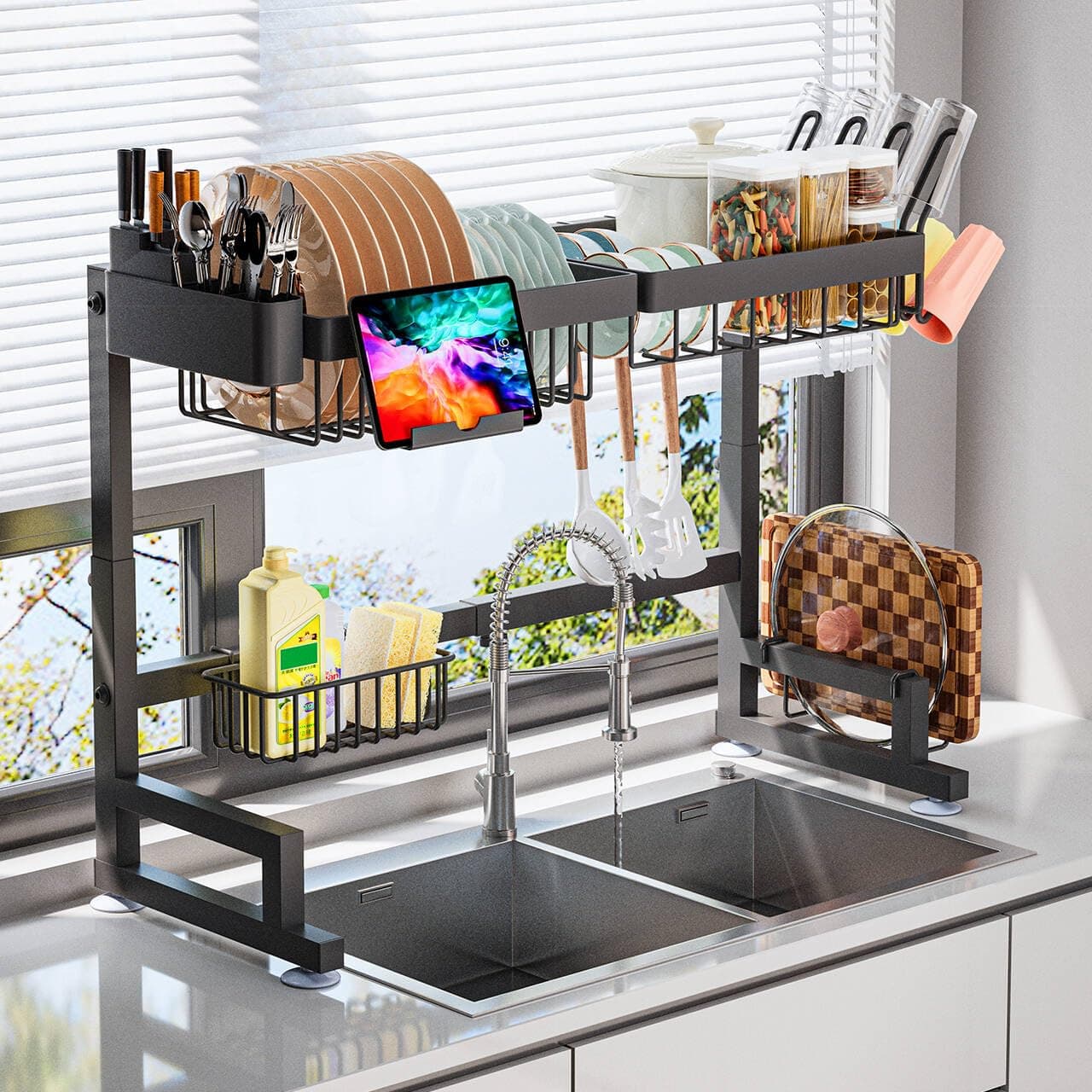 ADBIU 【Fits Sinks from 24.5in to 32in】 2025 Version Over Sink Dish Drying Rack (Expandable Dimensions) Snap-On Design 2-Tier Large Kitchen Dish Rack Stainless Steel Counter Organizer and Storage