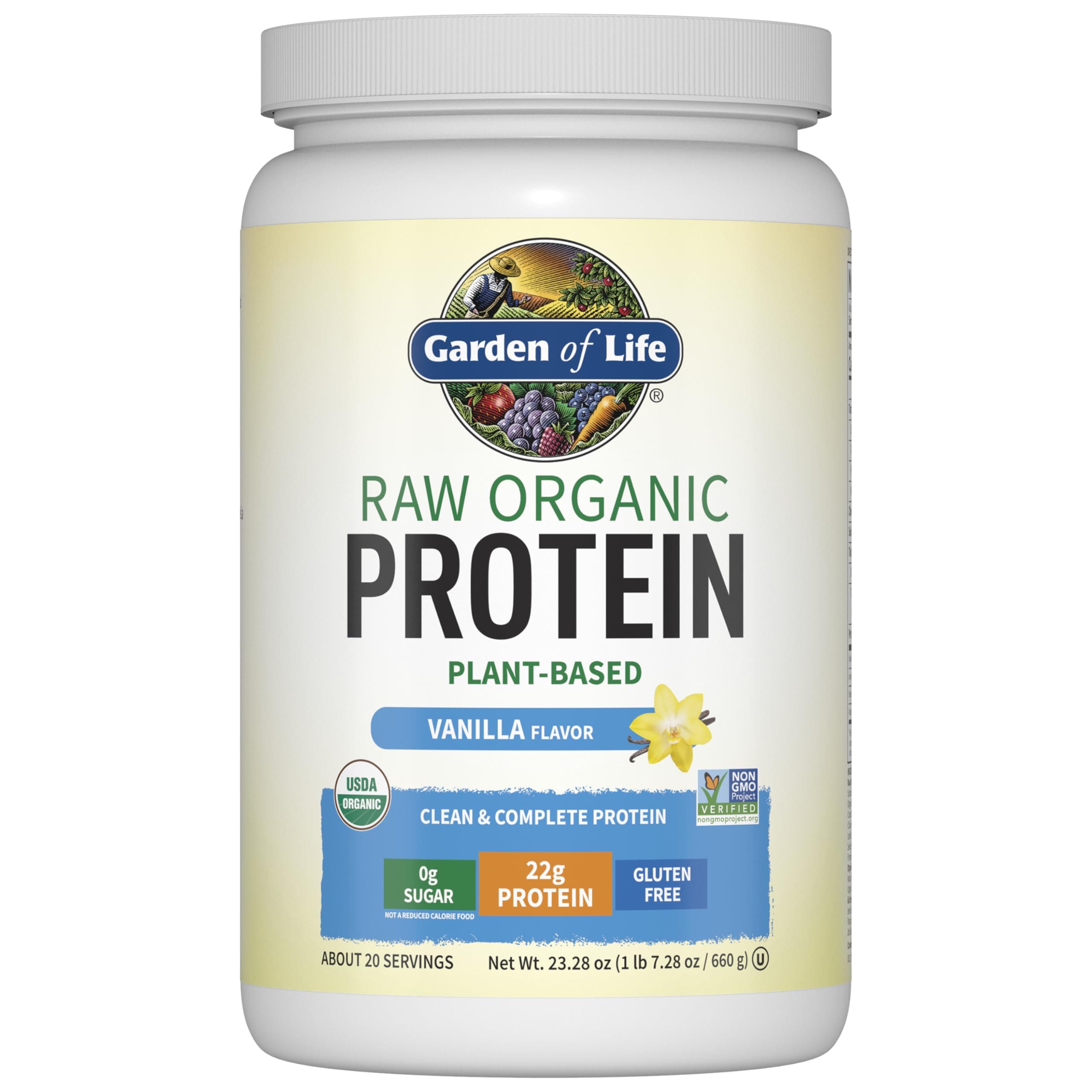 Garden of Life Raw Organic Protein Vanilla Powder, 20 Servings - Certified Vegan, Gluten Free, Organic, Non-Gmo, Plant Based Sugar Free Protein Shake With Probiotics & Enzymes, 4G Bcaas, 22G Protein