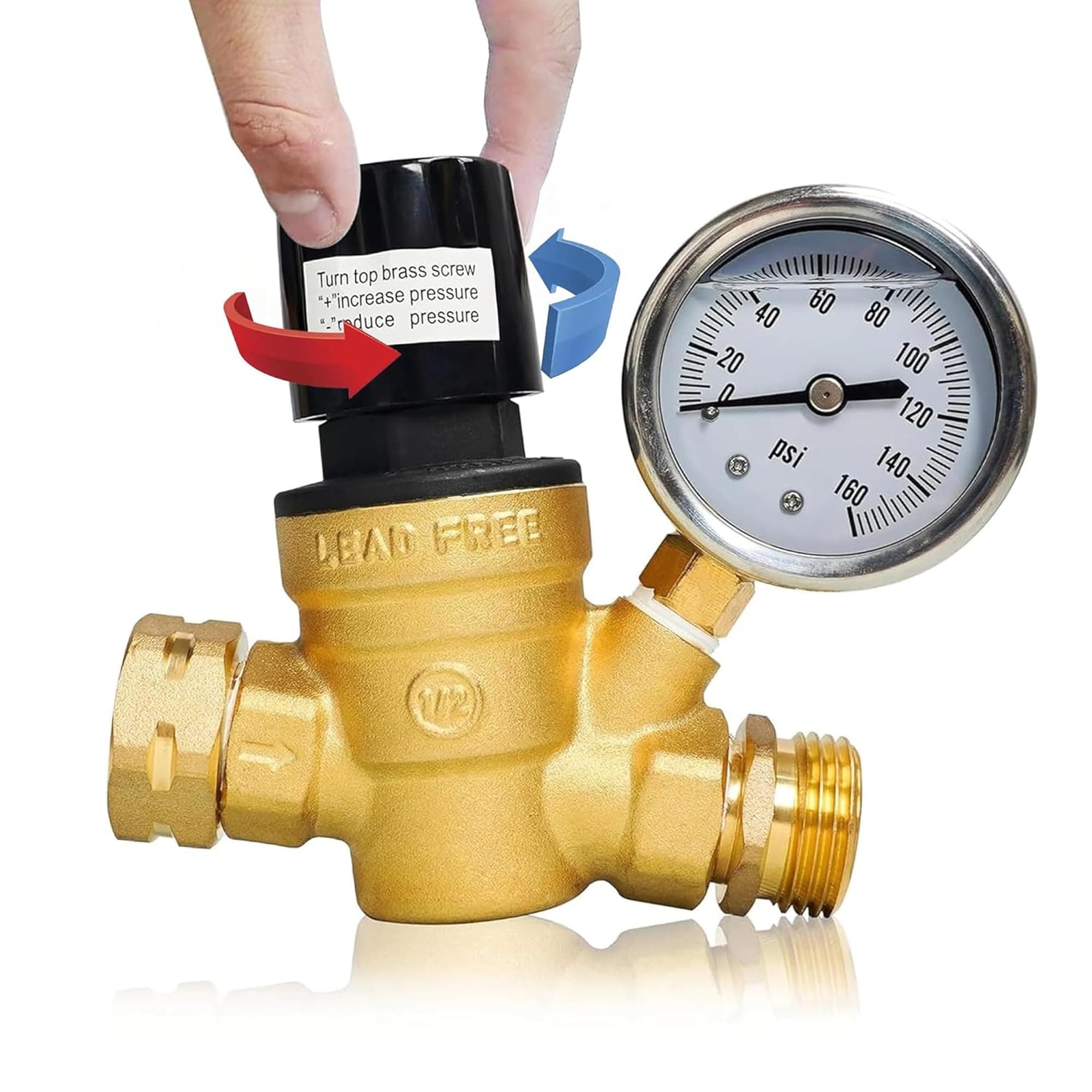 Hourleey RV Water Pressure Regulator, Adjustable Handle Brass Water Pressure Regulator, Water Pressure Reducer with Gauge and Inlet Screened Filter for RV Camper Travel Trailer
