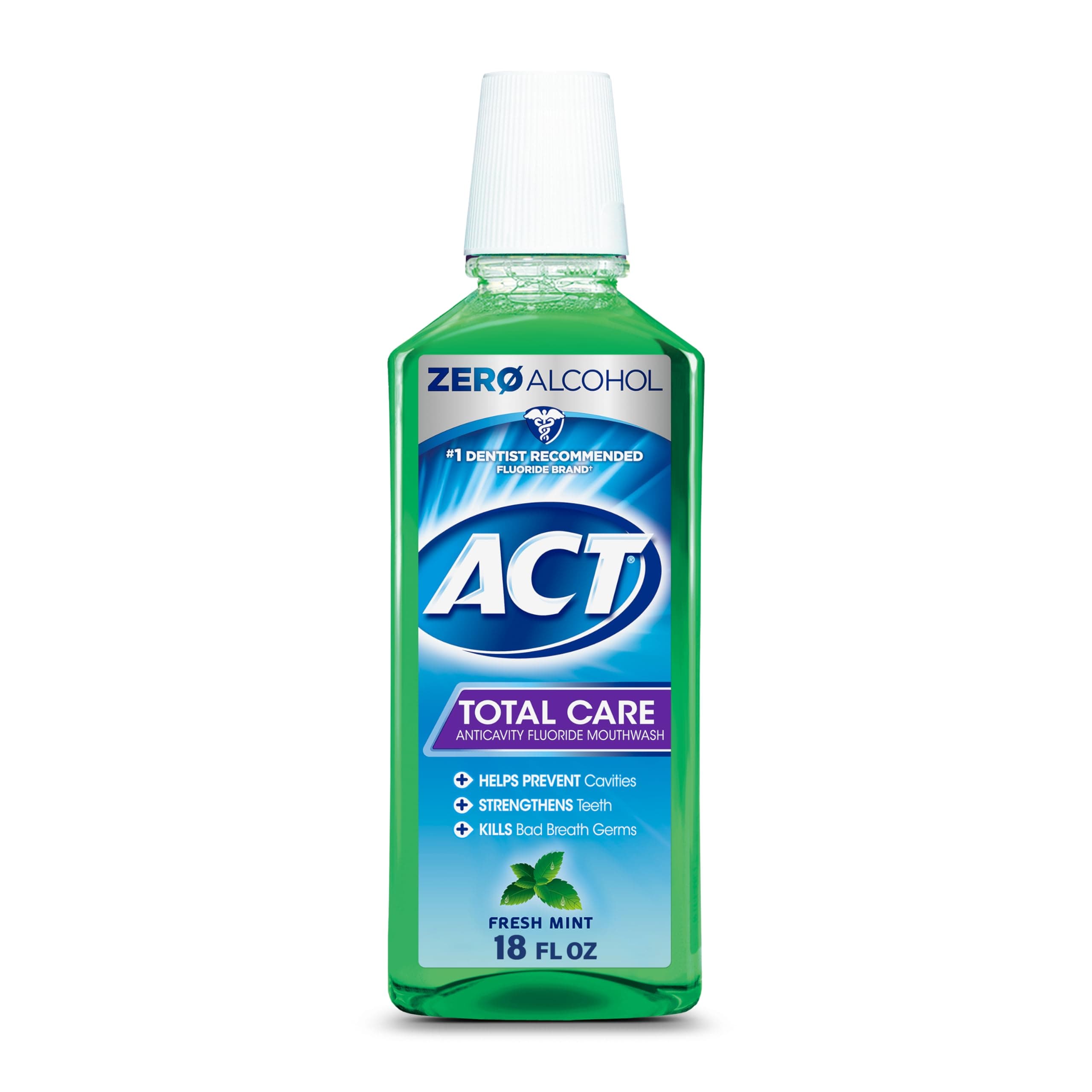 ACT Total Care Zero Alcohol Anticavity Fluoride Mouthwash 18 fl. oz. Kills Bad Breath Germs, Fresh Mint