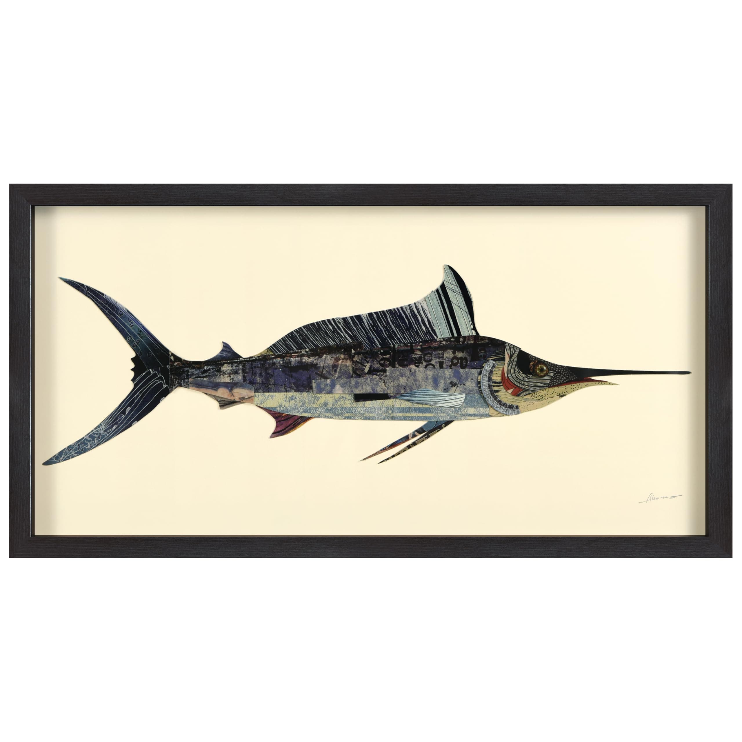 Empire Art Direct Blue Marlin Dimensional Collage Handmade by Alex Zeng Framed Graphic Fish Animal Wall Art 17" x 33" x 1.4", Ready to Hang