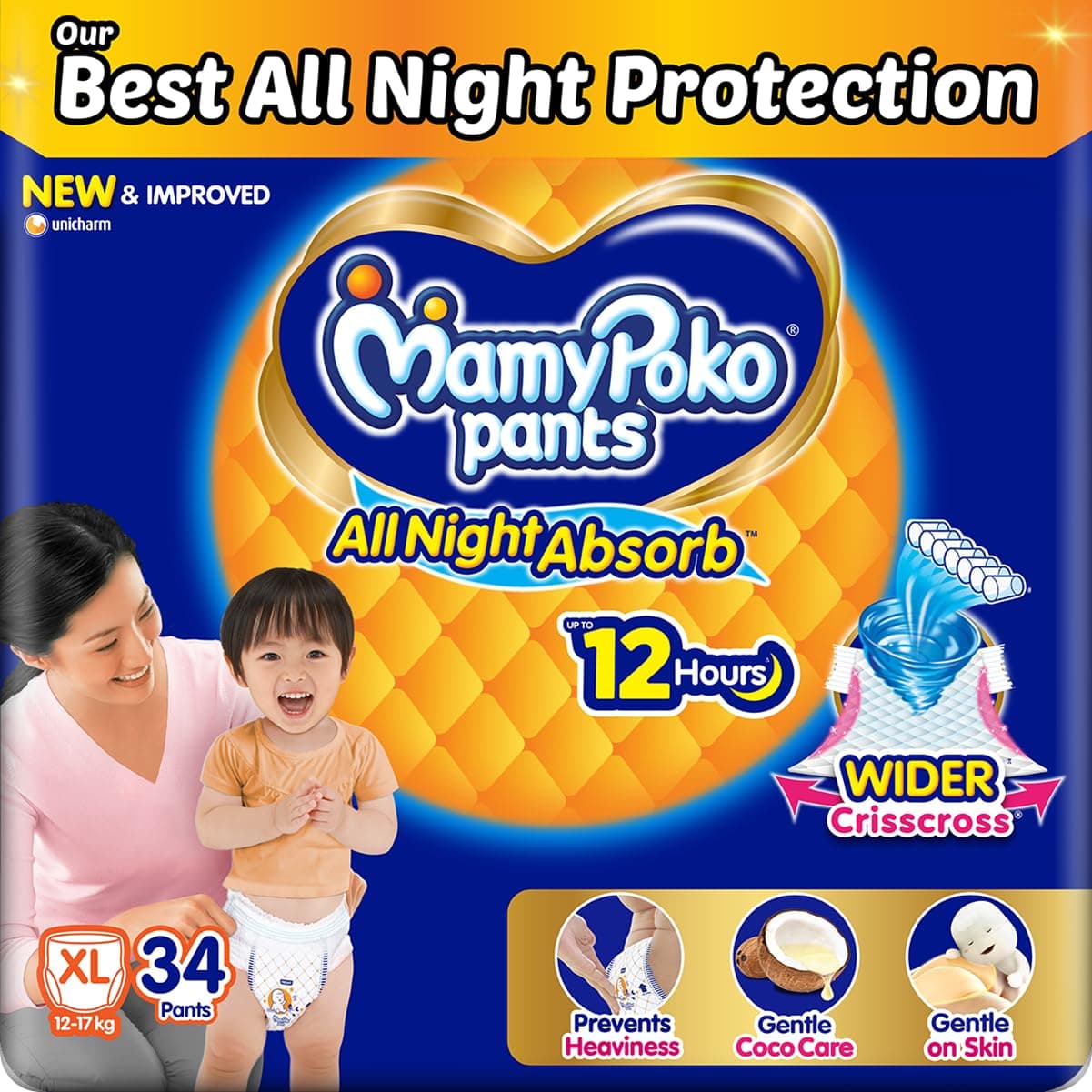 Mamypoko pants All night absorb Pant Style Baby Diapers (XL)34 CountIdeal for 12-17Kgs|All night Absorption|Wider Crisscross Sheet|Gentle Coco Care12hr Leakage Protection Prevents Heaviness.