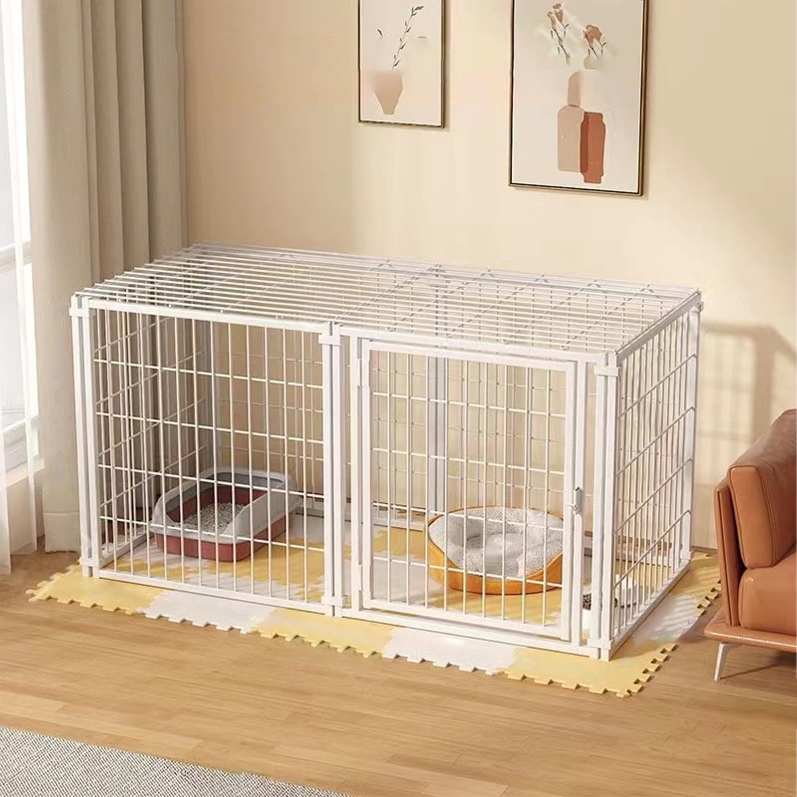 Zephyrspets Foldable Pet Playpen - 47" 6-Panel Enclosure With Top Cover for Medium/Small Pets - Portable Fence for Indoor/Outdoor, RV Camping, Yard (White)